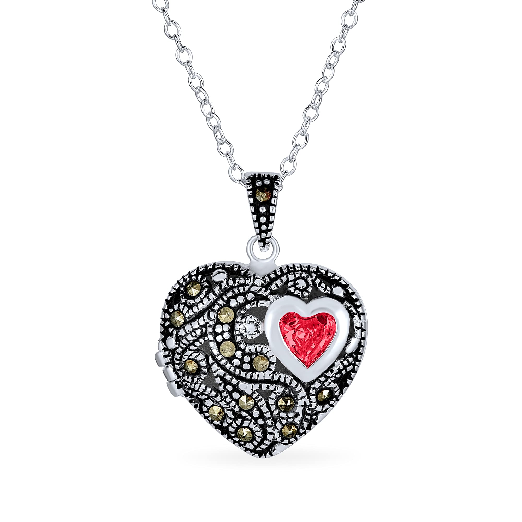 Personalized Butterfly Marcasite Pink CZ Red Garnet Vintage Filigree Heart Locket Necklace for Women - .925 Sterling Silver Rose Gold Aromatherapy Perfume Diffuser | Custom Name Gift for Her, Birthday, Anniversary, Valentine's Day