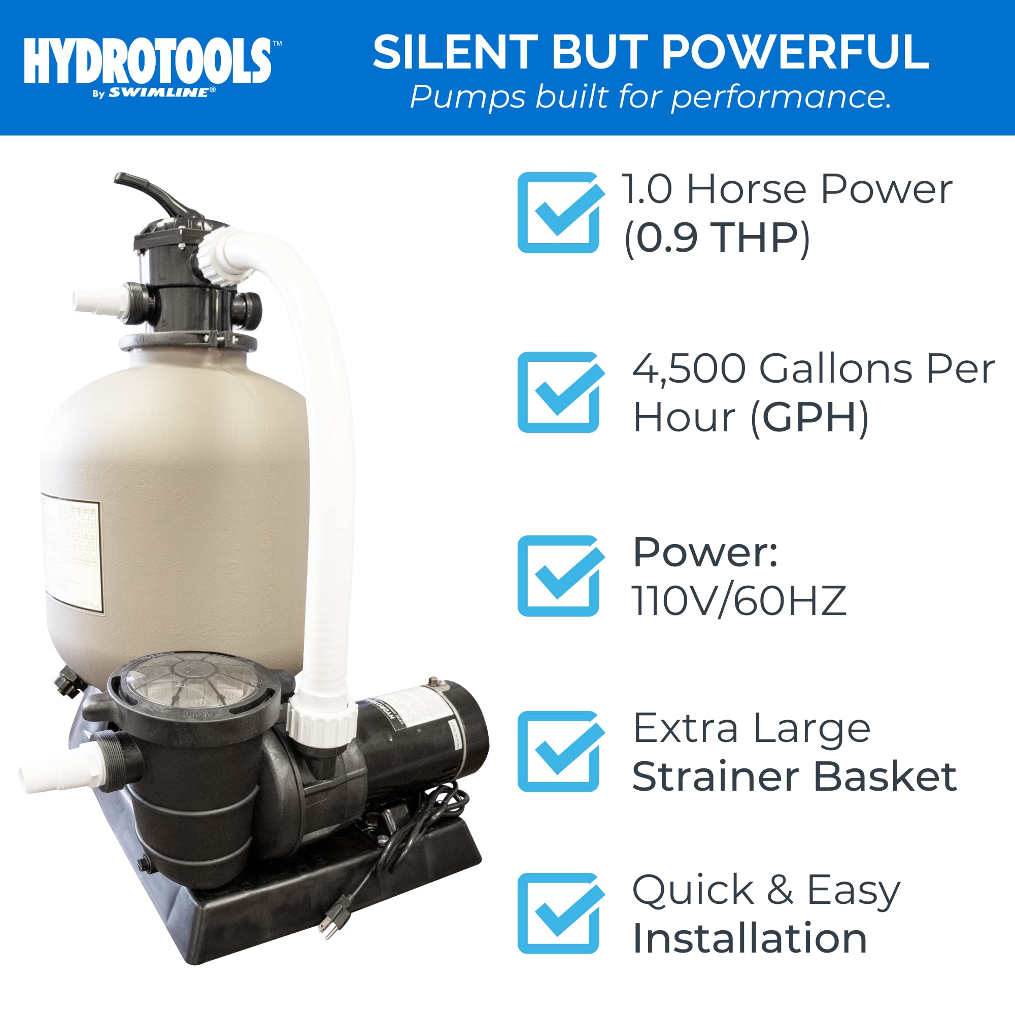 HYDROTOOLS By SWIMLINE 19-Inch Pool Sand Filter Pump System – 1 HP (0.9 THP) 4500 GPH for Above Ground & Inground Pools Up To 19000 Gallons | Compatible with 7-Way Valve 71915 | Ideal for Pool Cleaning, Maintenance & Water Filtration