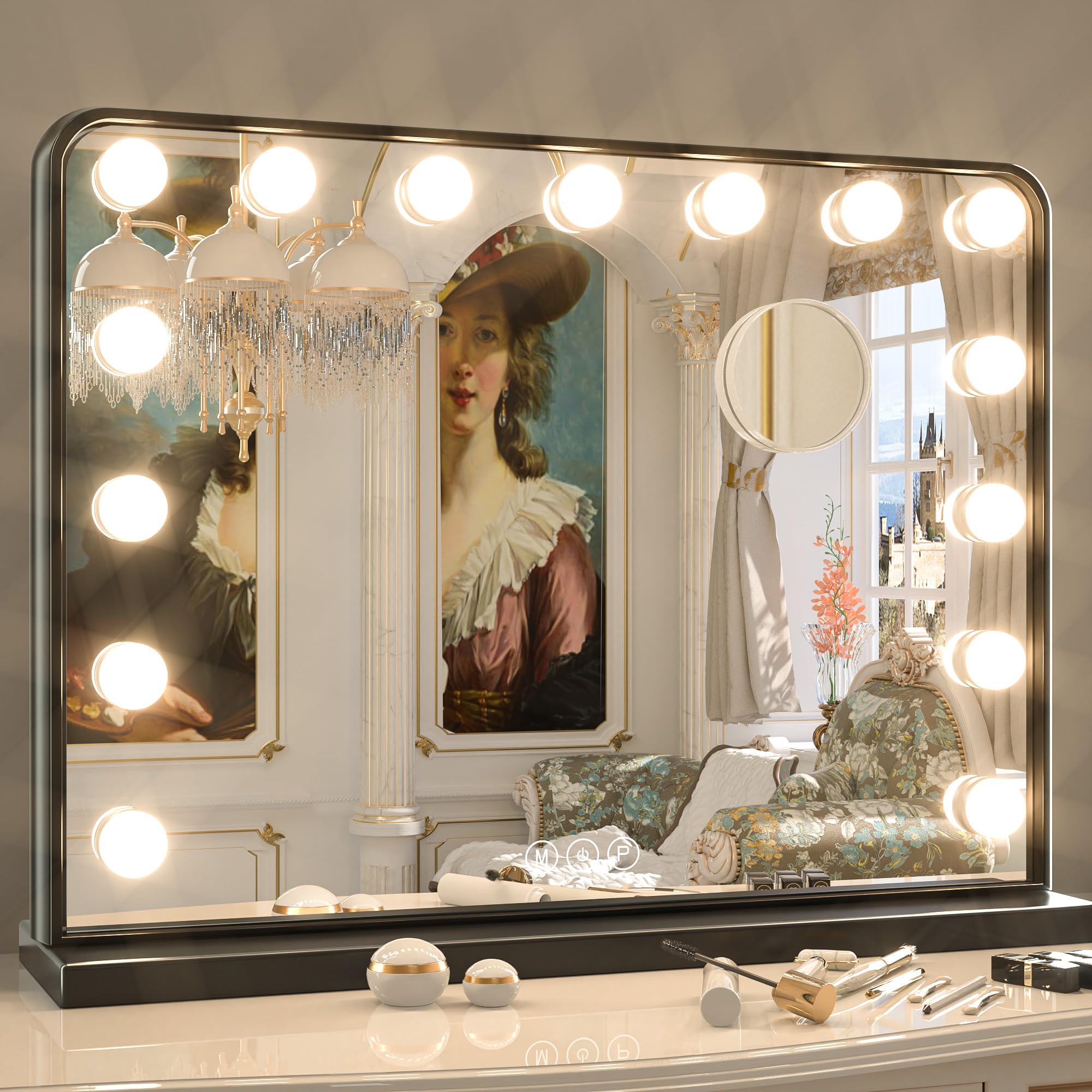 Keonjinn Hollywood Vanity Mirror with Lights - 15 Replaceable Bulbs, 3 Color Modes, USB Charging, Aluminum Frame (23