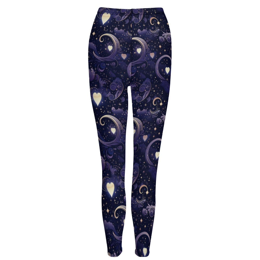 Moons and Heart Print Yoga Leggings for Women - High Waisted Stretchy Workout Pants for Running, Gym & Lounge