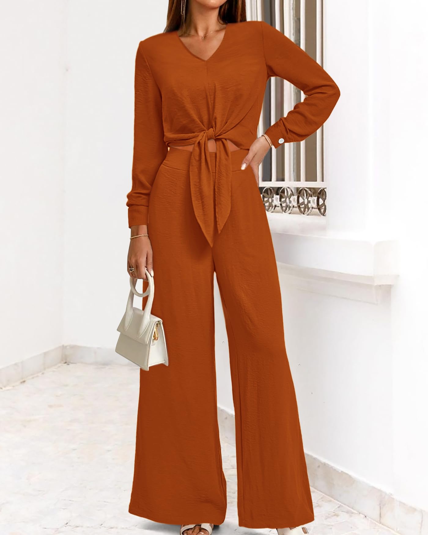 PRETTYGARDEN Women's 2 Piece Outfit Set 2025 Spring Casual V-Neck Long Sleeve Strappy Crop Top with Wide Leg Palazzo Pants | Trendy Matching Sets for Work, Date Night & Spring Outings