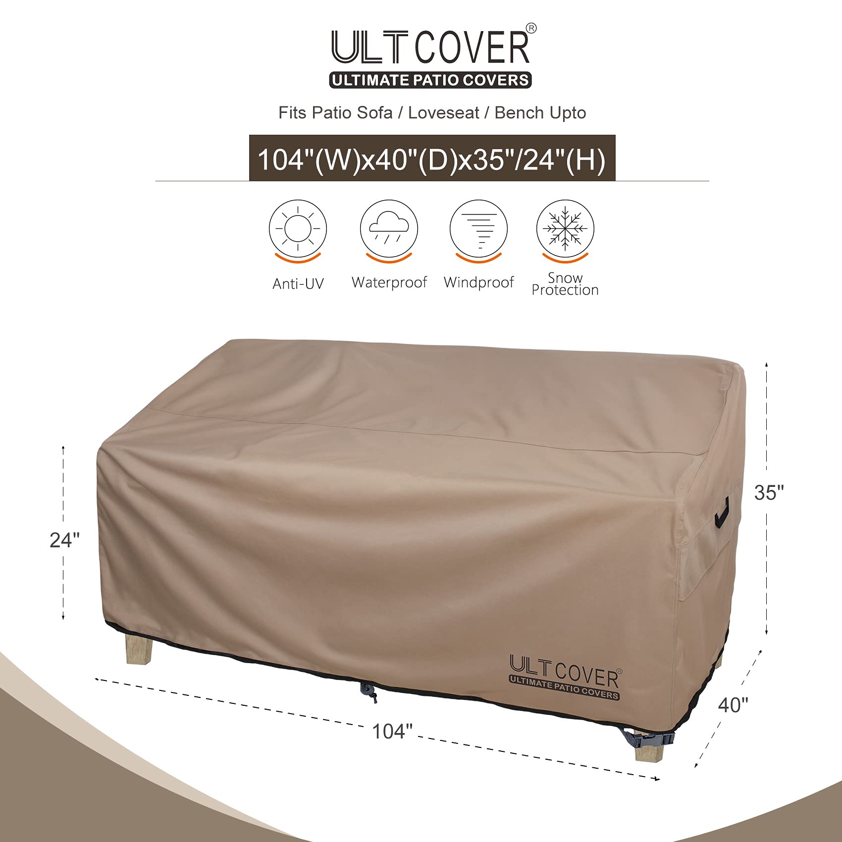 ULTCOVER Waterproof Outdoor Deep Seat Sofa Bench Cover 104W x 40D x 35H Inch - Heavy Duty Patio Furniture Protection for Rain, Snow & Sun - Perfect for Sectional Couches, Garden Benches & Backyard Seating