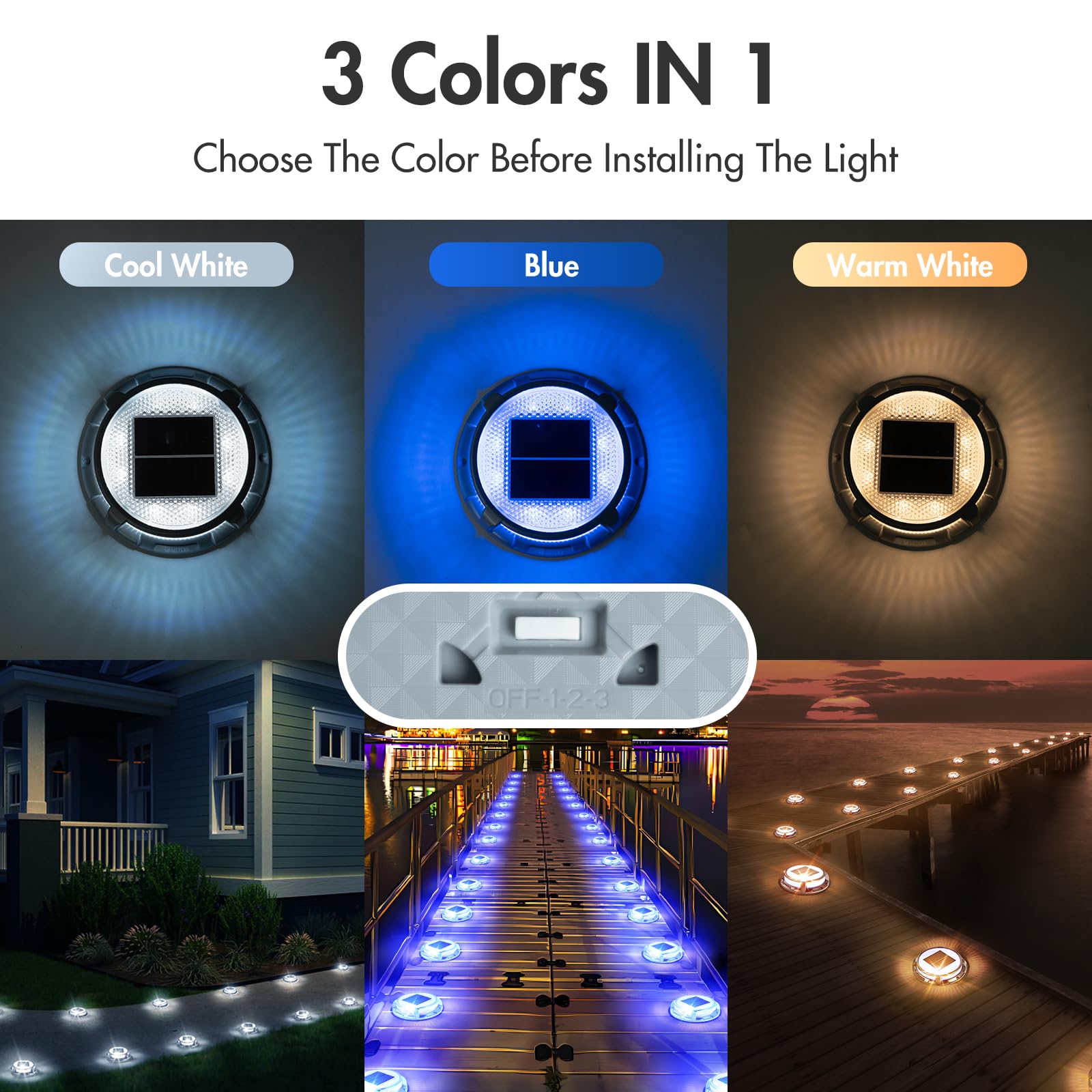 Quntis 4 Pack Solar Deck Lights for Outdoor - IP68 Waterproof, 3 Color Modes (Blue/Cool White/Warm White) - Solar Powered Pathway Lights for Driveway, Stairs, Walkway, Garden & Landscape Lighting