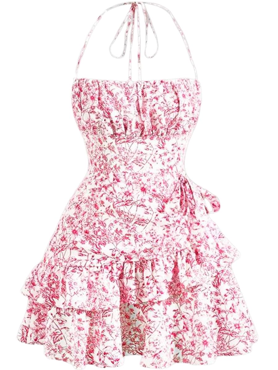 Stylish Narecte Summer Dresses for Women - Backless Tie Mini Dress, Halter Neck Floral Print Short Dress with Ruffle Trim | Perfect for Beach Vacations, Date Nights & Casual Outings