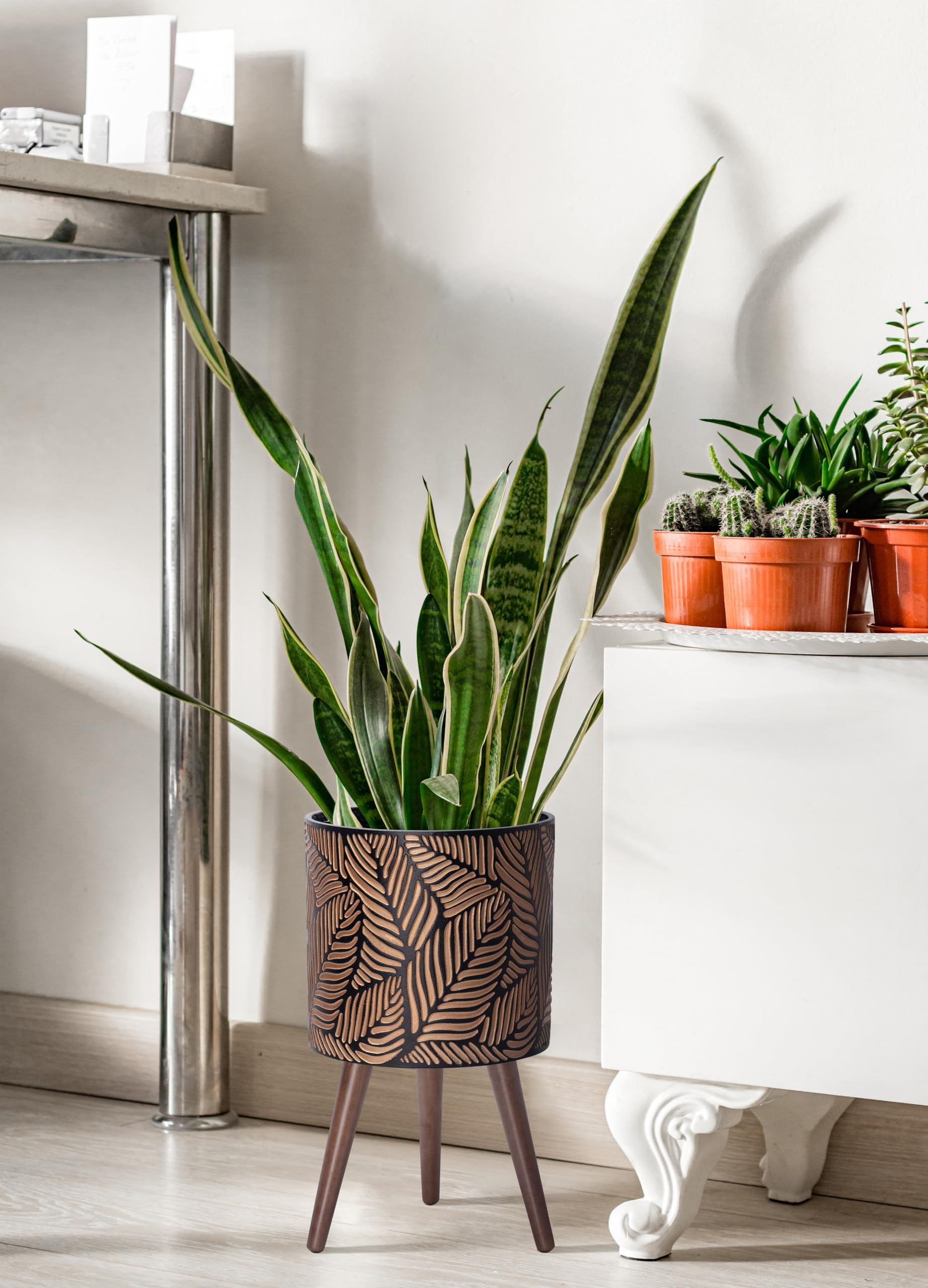 D'vine Dev 12 Inch Mid-Century Modern Plant Pot with Stand - Tall Indoor Planter with Legs for Large Plants - Bronze/Grey (88-L-C-6) - Perfect for Living Room, Office Decor & Houseplants