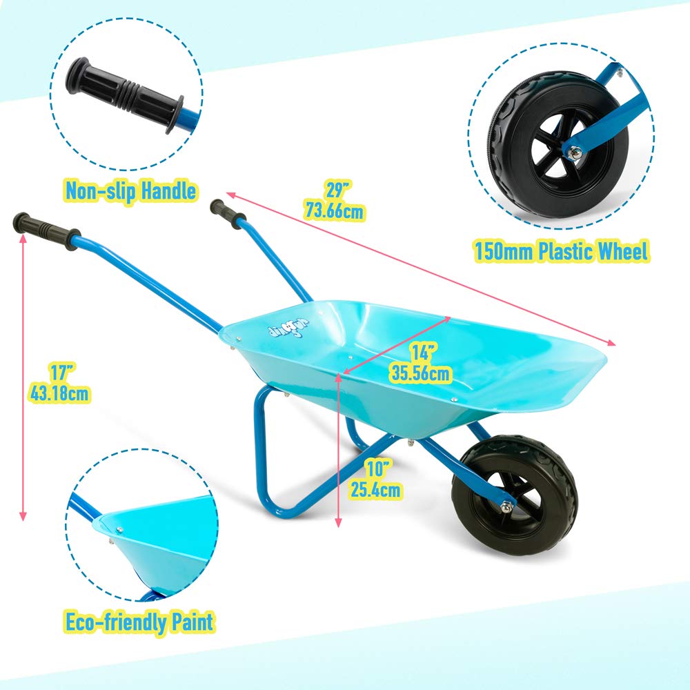 Colwelt Kids Wheelbarrow 5-Piece Set - Durable Steel Wheelbarrow with Gardening Tools & Gloves for Children (Blue) | Perfect Outdoor Play Toy for Yard Work, Gardening Activities & Pretend Play