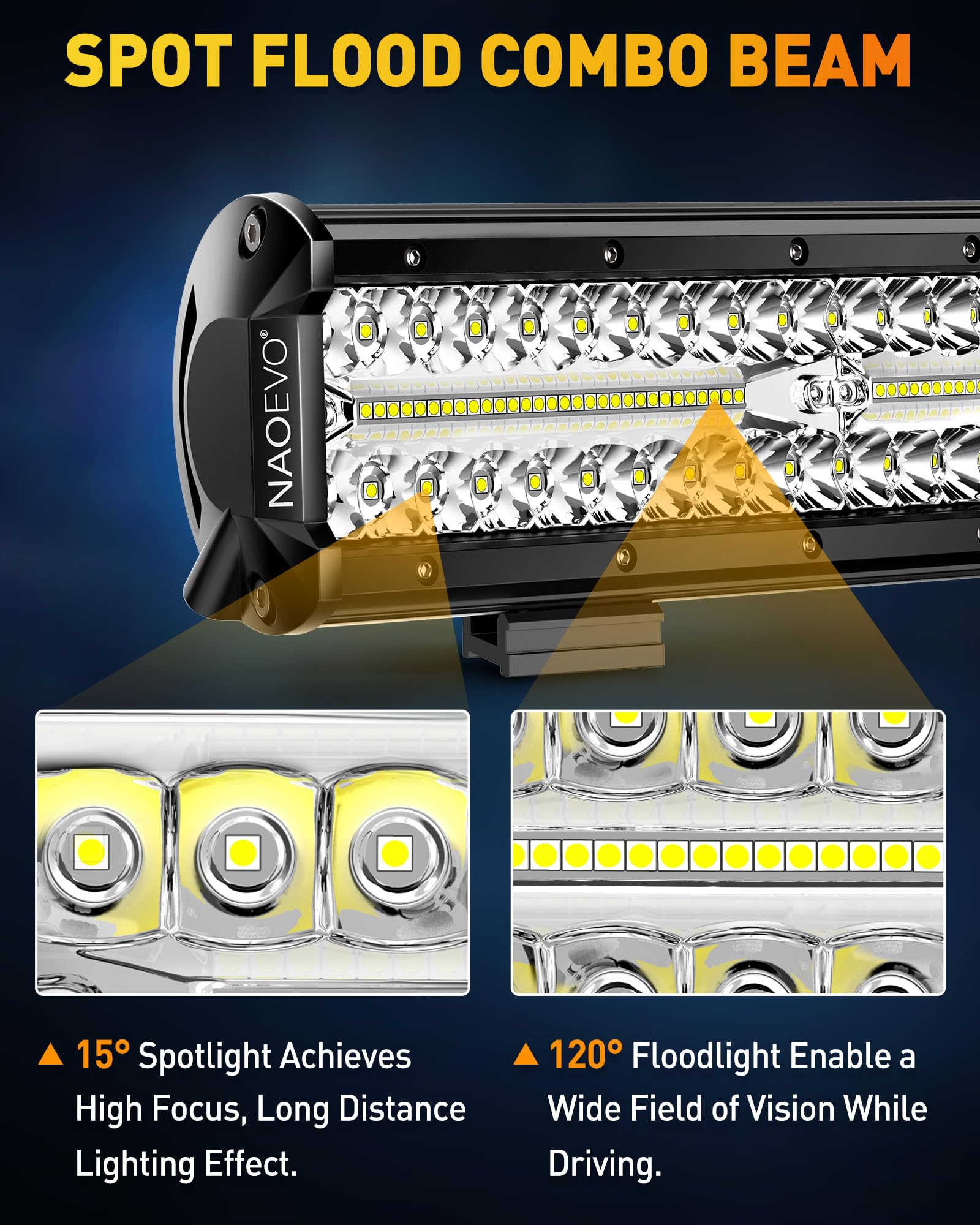 NAOEVO 12 Inch LED Light Bar with 4PCS 4 Inch LED Pod Lights - 54000LM Super Bright LED Fog, Driving & Off Road Lights - Triple Row Spot Flood Combo for Truck, Car, UTV, ATV & Boat - Durable & Waterproof for Off-Roading, Camping & Night Driving - 1 Year Warranty