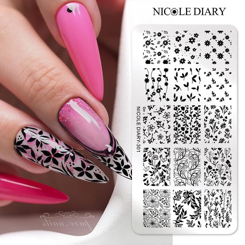 Nicole Diary 301 Nail Stamping Plate with Floral and Plant Designs - Perfect for DIY Nail Art, Manicures, and Professional Salon Use
