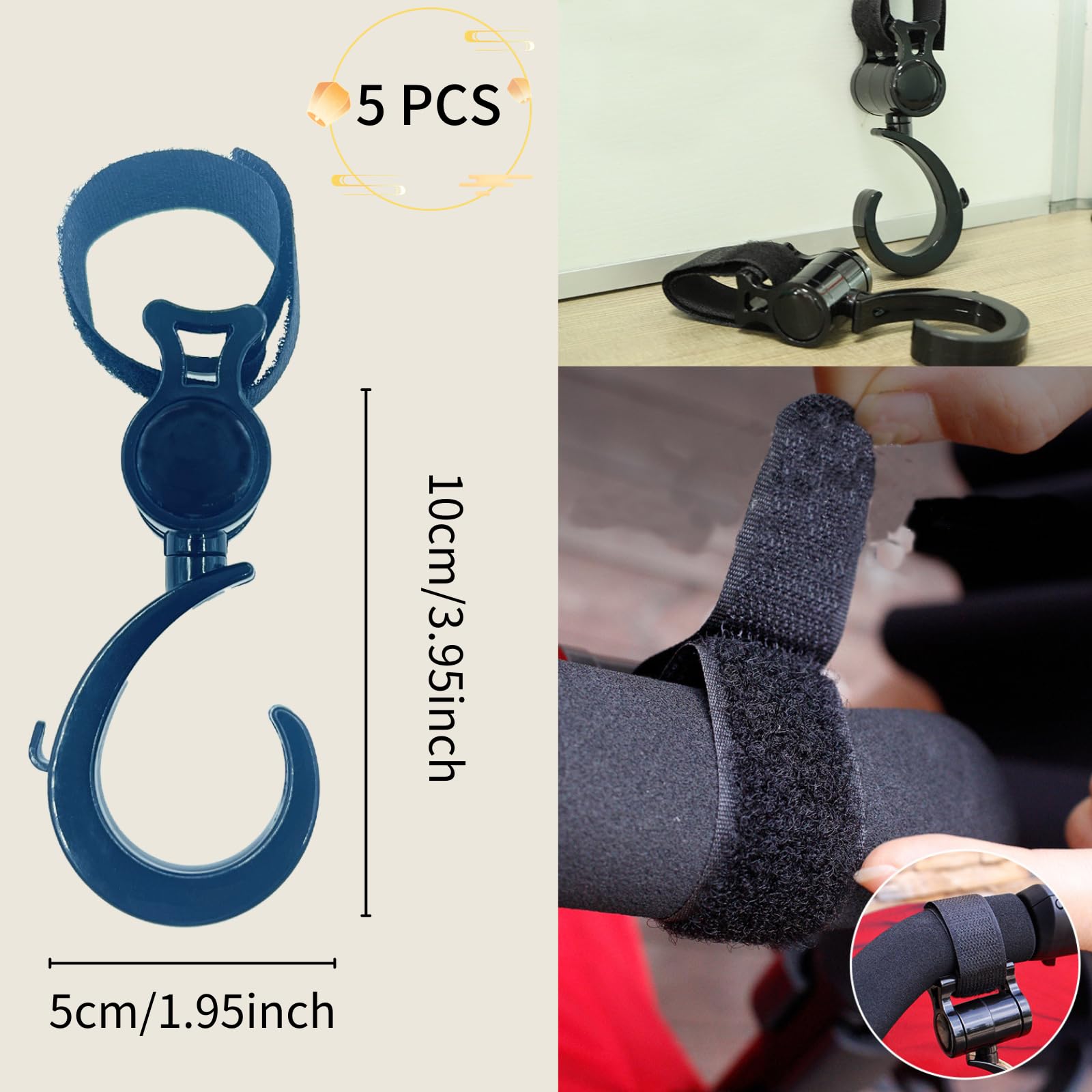 5 Pack 360° Rotating Stroller Hooks - Heavy Duty Walker Hooks for Hanging Diaper Bags, Purses & Shopping Bags on Wheelchairs, Rollators & Bikes - Perfect for Parents, Seniors & Disabled Individuals (Baby Stroller Accessories, Mobility Aid Organizer)