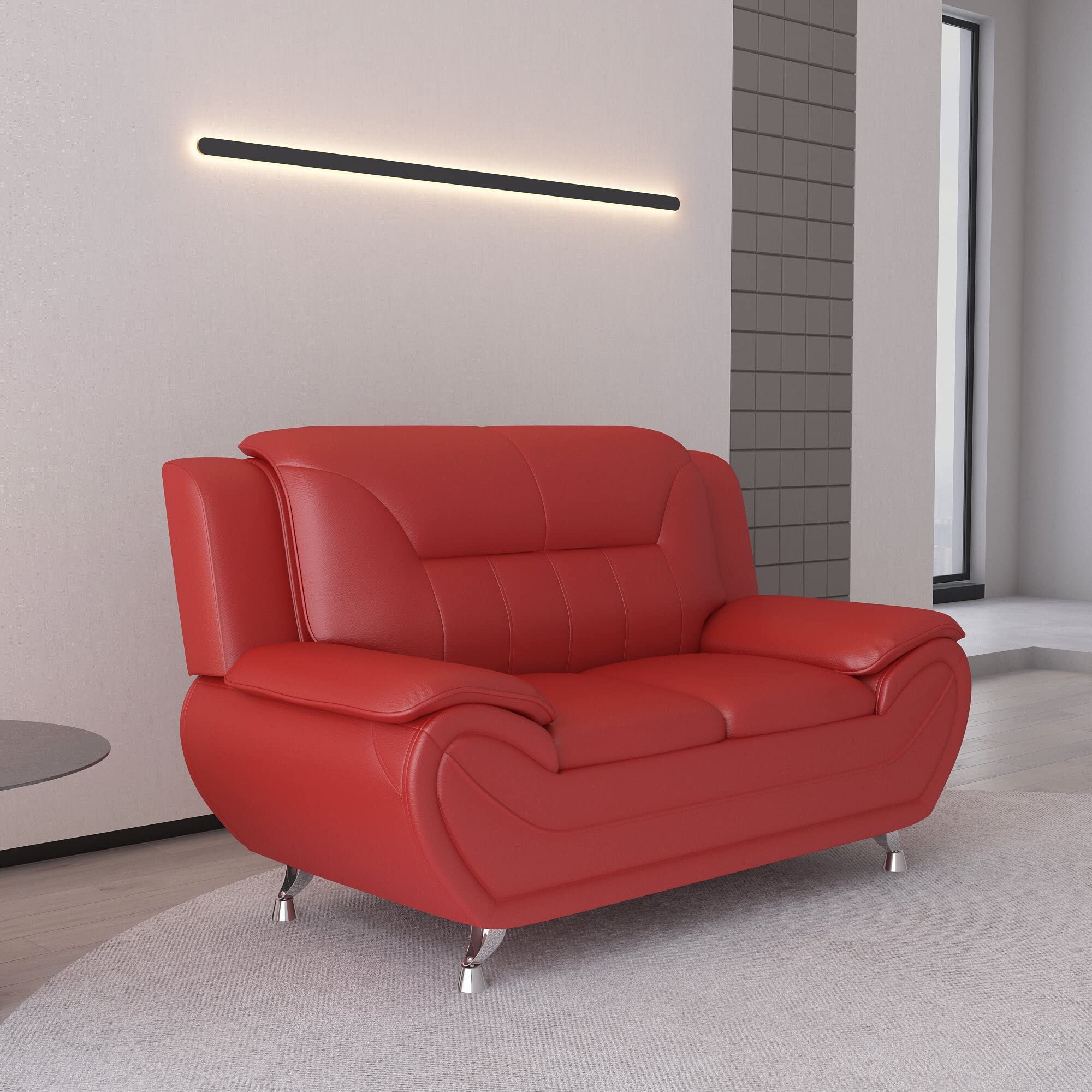 Michael Modern Faux Leather Upholstered Stainless Steel Legs Living Room Chair, Loveseat & Sofa Set in White Dove - Perfect for Contemporary Living Rooms, Offices and Lounge Areas