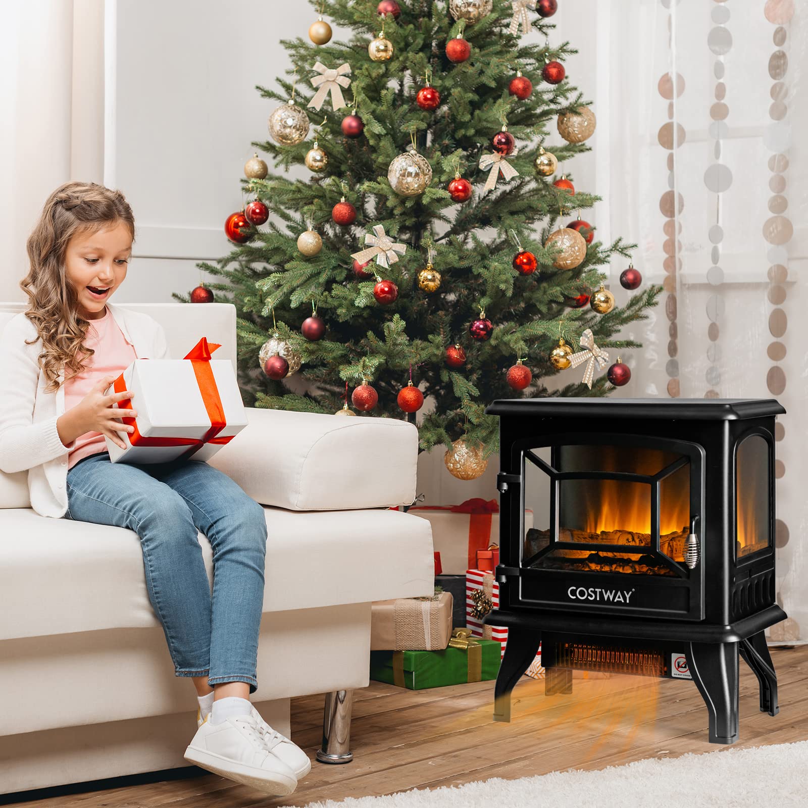 COSTWAY Freestanding Electric Fireplace Heater with Realistic Dancing Flame, Adjustable Thermostat & Overheat Protection - 1400W Indoor Electric Stove for Living Room, Bedroom & Office Warmth