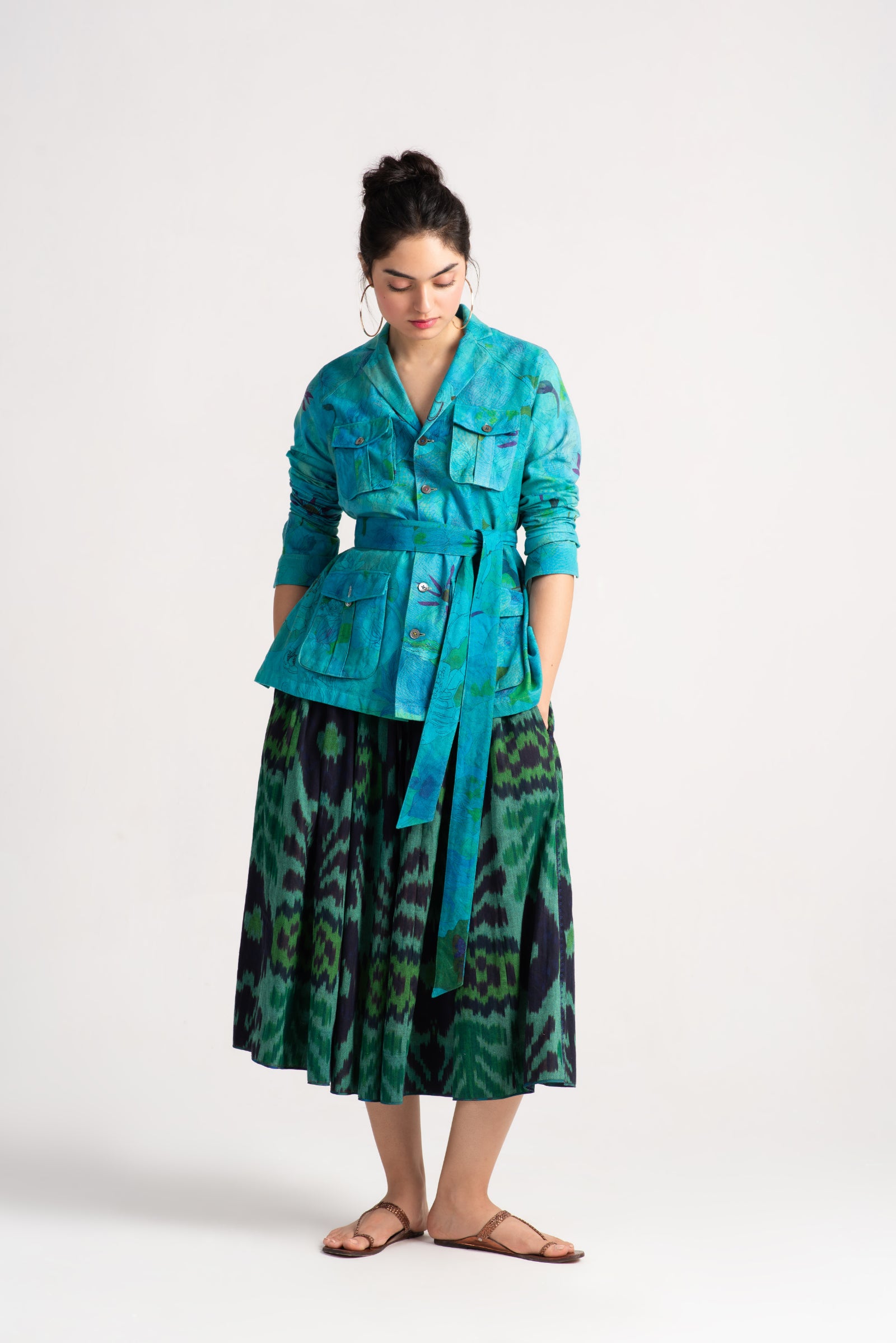 Nargis Cotton Ikat Skirt in Aqua and Wine Colors - Boho Chic Summer Dress for Beach, Vacation, and Casual Outings