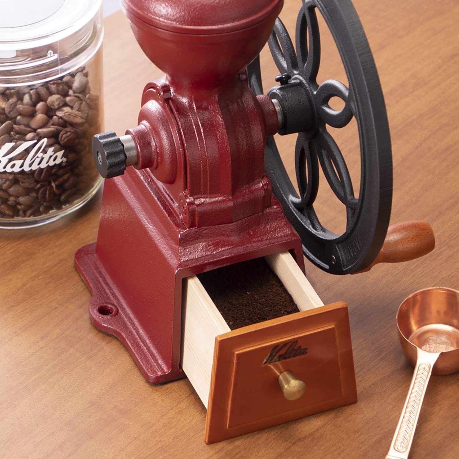 Premium Kalita Cast Iron Manual Coffee Grinder - Adjustable Antique Diamond Mill with Lid for Espresso & French Press - Perfect for Home Baristas & Coffee Shops (Red, Model #42137)