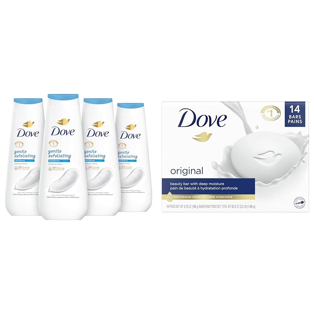 Dove Gentle Exfoliating Body Wash with Sea Minerals (4-Pack) & Original Beauty Bar Cleanser with Moisturizing Cream (14 Bars, 3.75 oz) Bundle - Hydrating Skincare Routine for Dry & Sensitive Skin