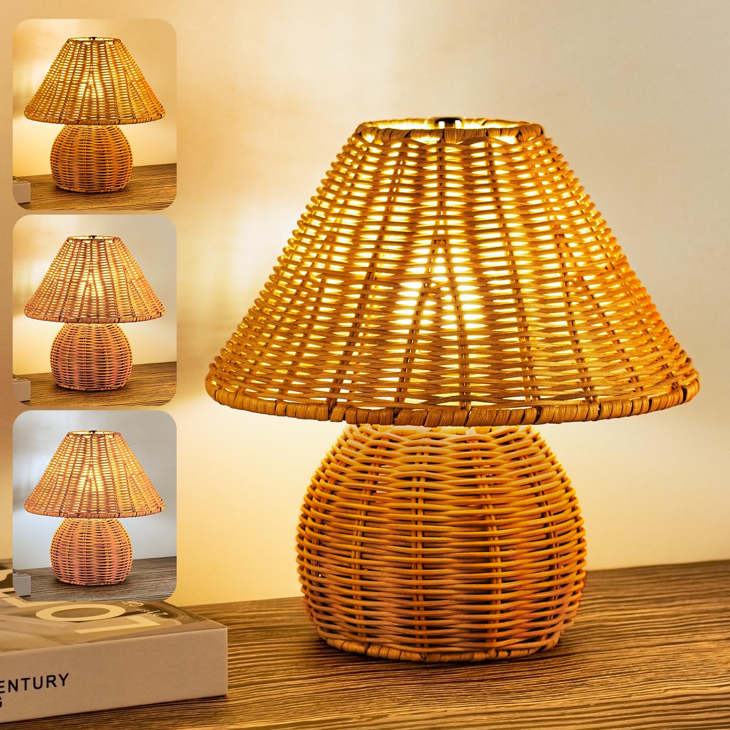 Vintage Rattan Table Lamp - Handmade Boho Bamboo Nightstand Lamp with Adjustable Brightness, 3 Color Options, E26 Bulb Compatible for Bedroom, Living Room, Office Desk & Entryway Decor | Perfect for Cozy Reading Nook, Farmhouse Style Interior & Relaxing Ambience Lighting