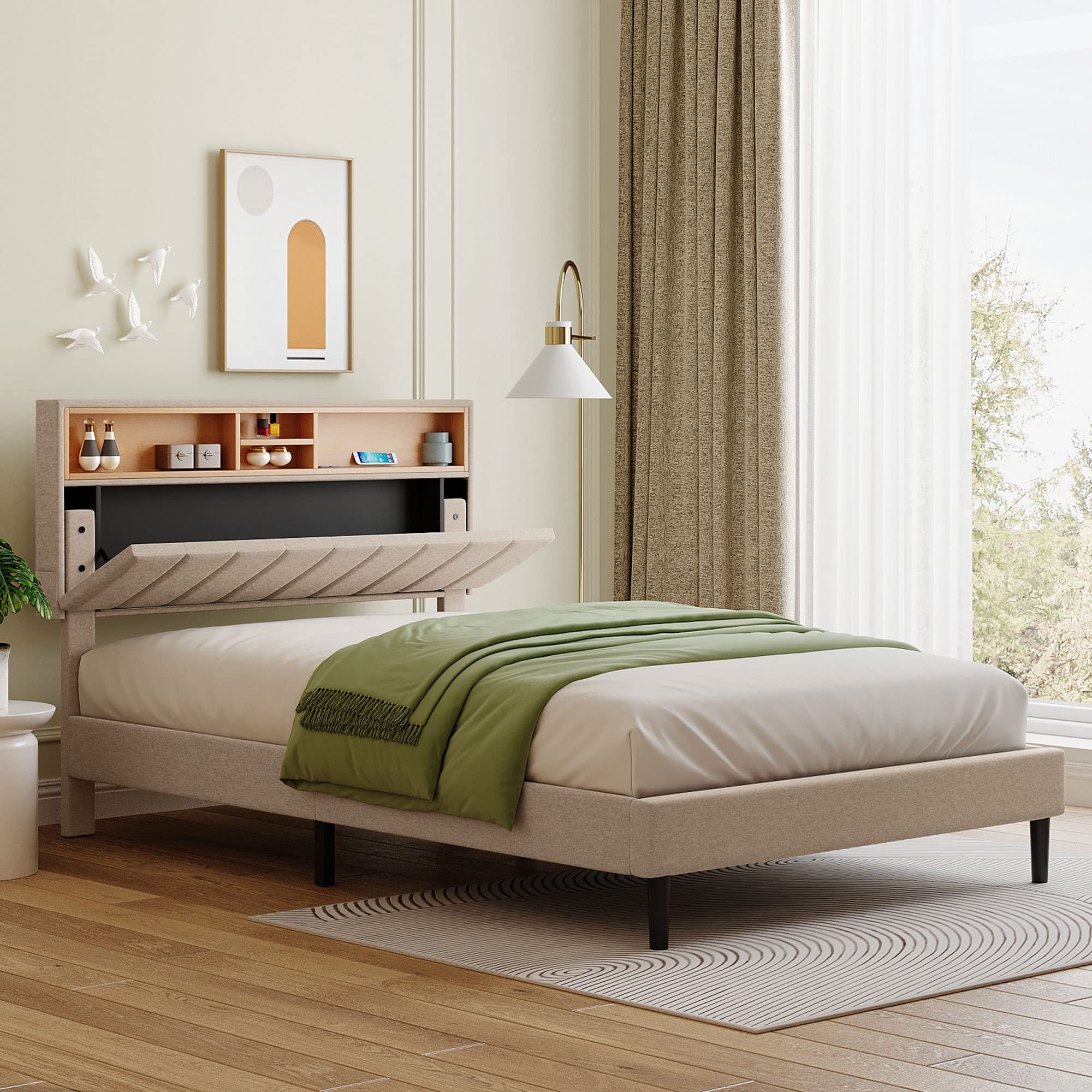 Upholstered Platform Bed Frame with Adjustable Storage Headboard - Wood Full Size Bed with Side Pockets & USB Charging Port - Linen Fabric Upholstery in Beige - Perfect for Kids & Adults Bedroom Furniture - Ideal for Small Spaces, Guest Rooms & Modern Home Decor