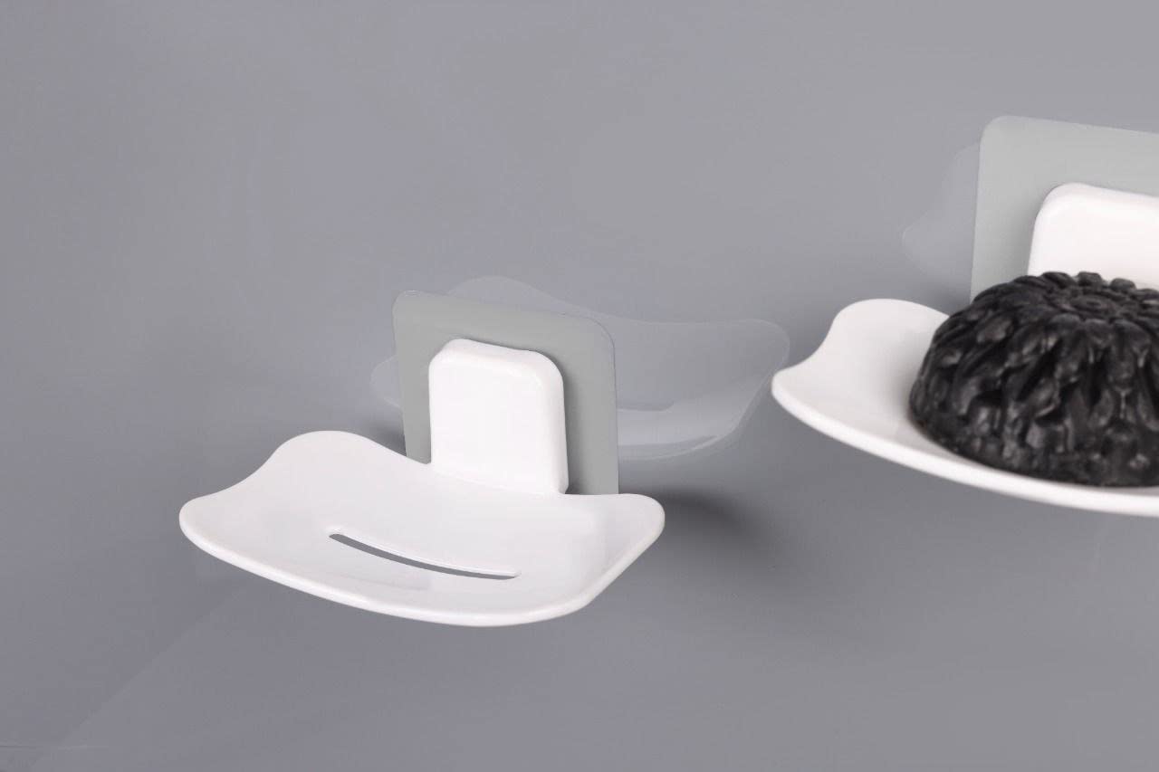 Arabella Retail Wall Mounted Soap Dish Holder - White & Grey Set of 2 | Adhesive Sticker for Bathroom & Kitchen Sink | Perfect for Small Spaces, RV, Dorm & Apartment Living