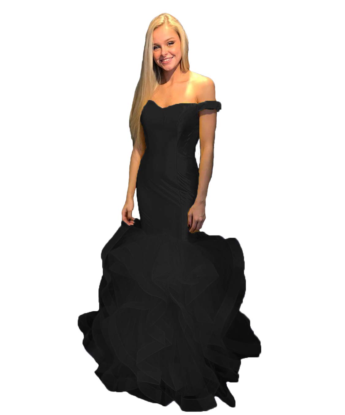 Elegant Women's Off The Shoulder Satin Mermaid Prom Dress with Ruffles - Long Formal Evening Gown for Homecoming, Wedding Guest & Special Occasions