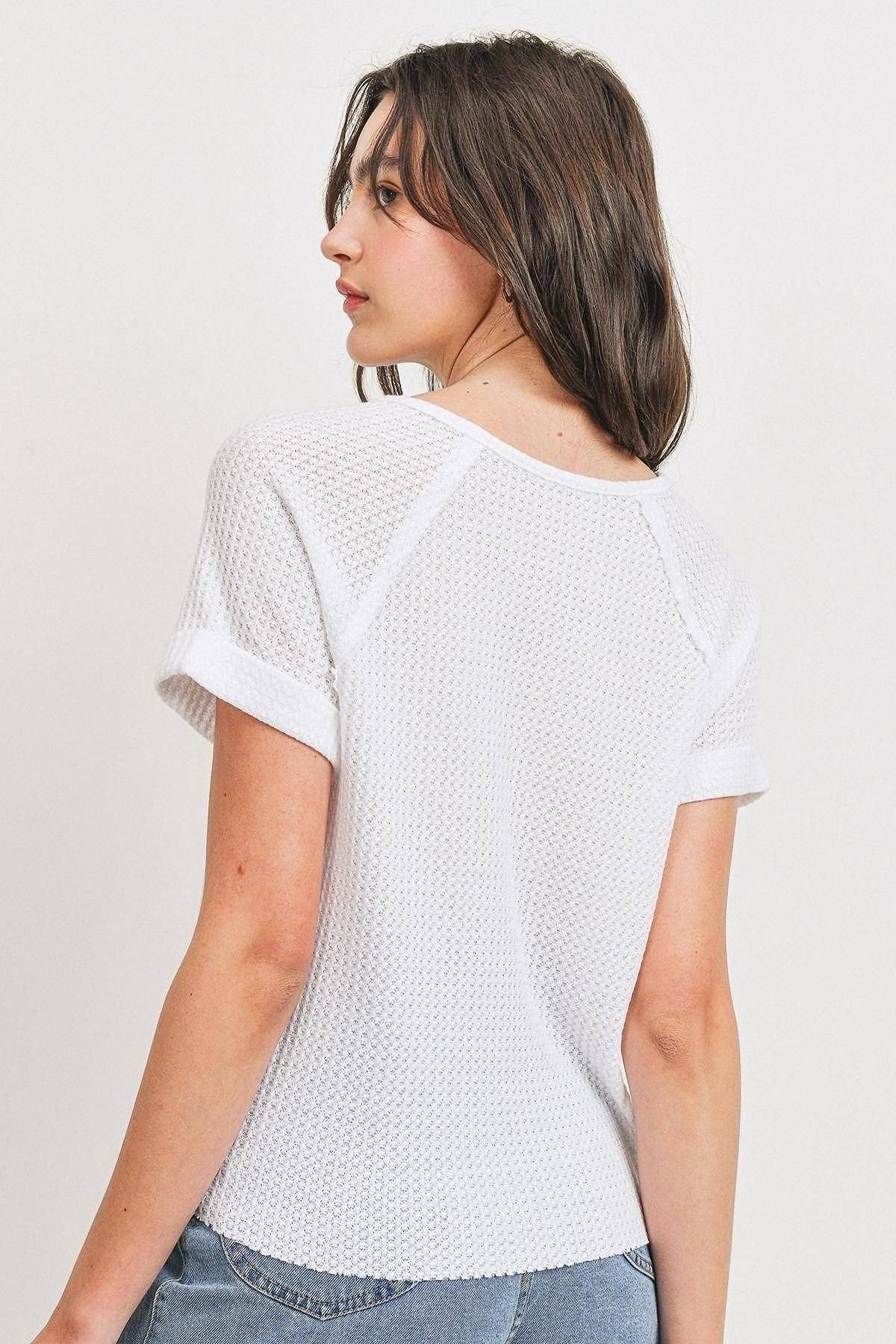 Trendy Waffle Raw Edge V-Neck Rolled Up Short Sleeve Tops for Women | Casual Summer T-Shirts | Perfect for Beach Outings, Date Nights & Weekend Wear
