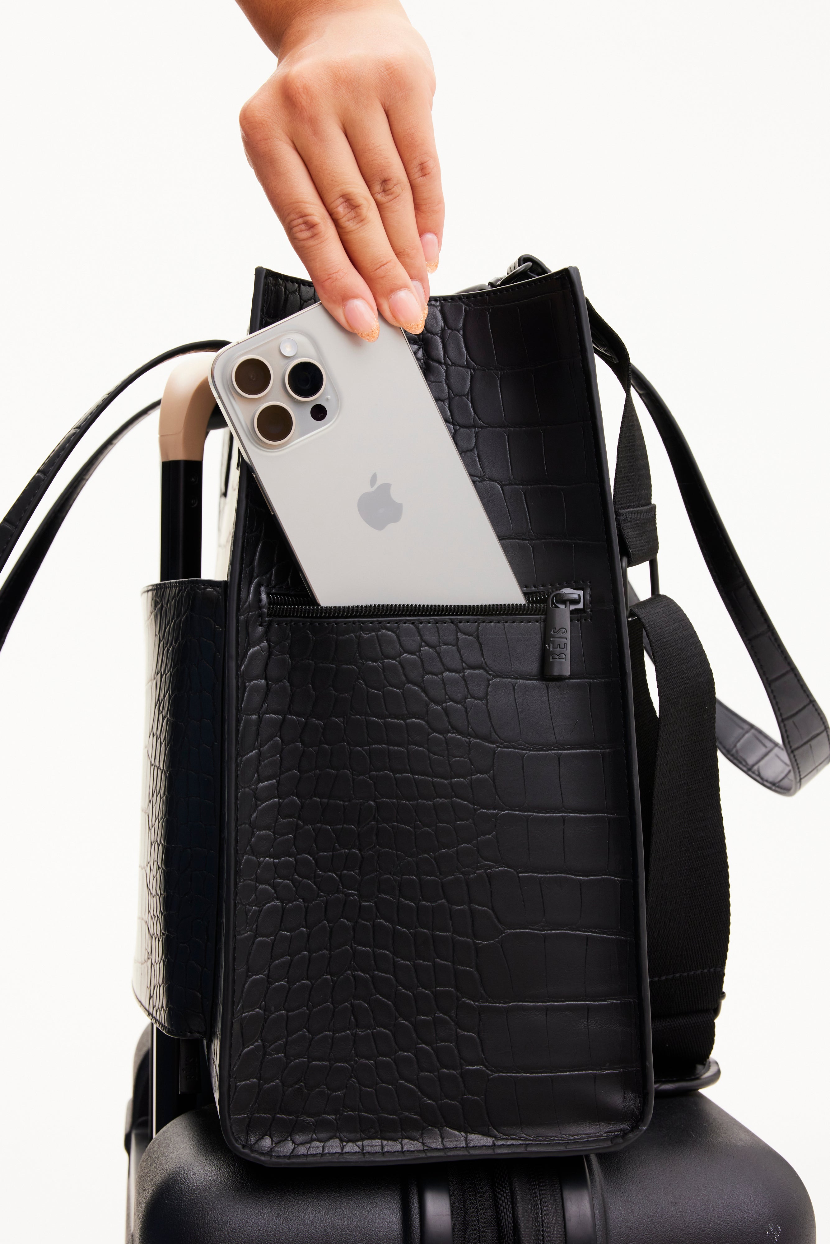 Premium Large Work Tote Bag in Black Crocodile Embossed Leather - Professional Office Commuter & Business Travel Essential