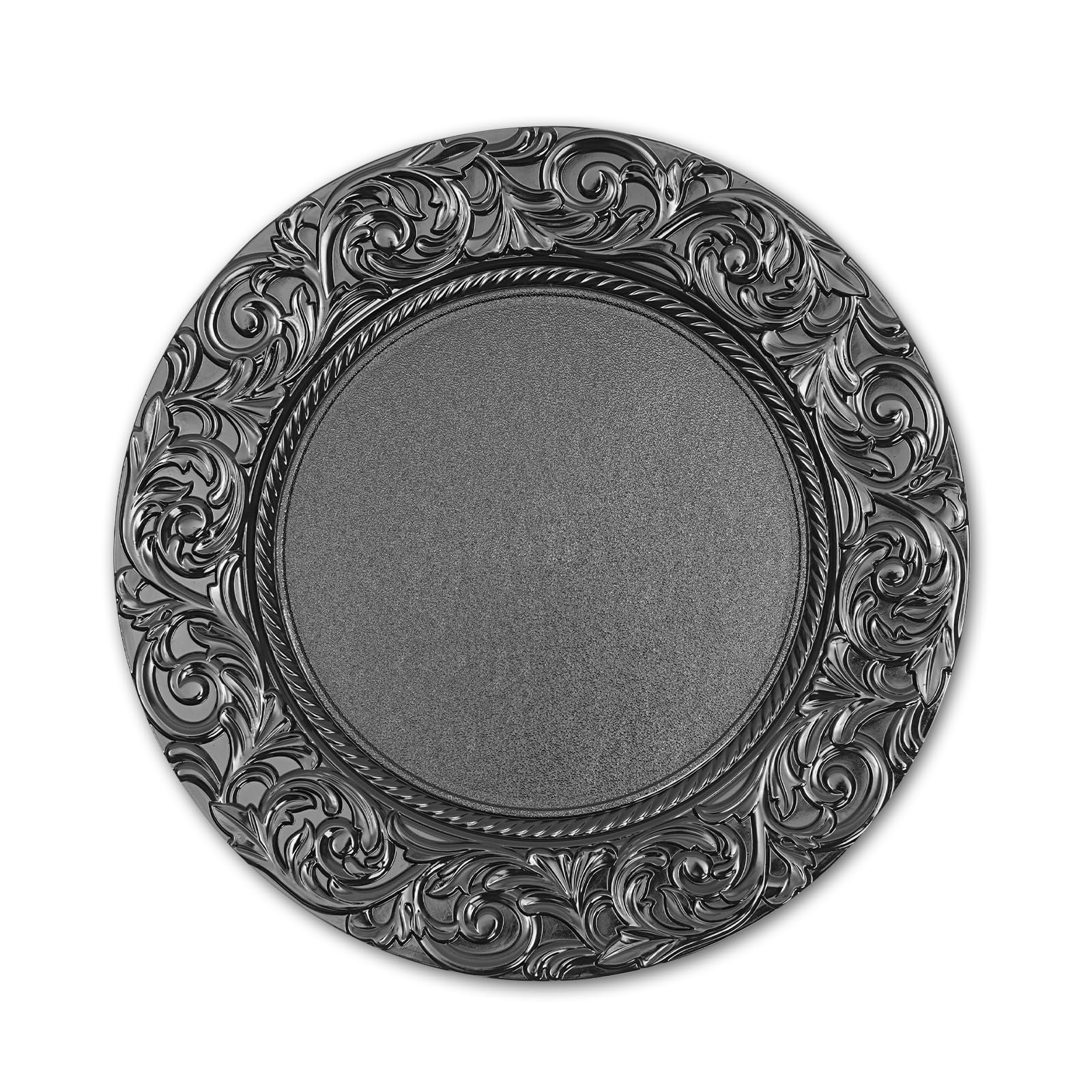 100 Pcs Antique Black Charger Plates - 13 Inch Round Plastic Dinner Plates with Embossed Floral Rim - Bulk Decorative Chargers for Wedding, Banquet & Formal Dining Events - Durable Disposable Server Plates for Parties, Catering & Special Occasions