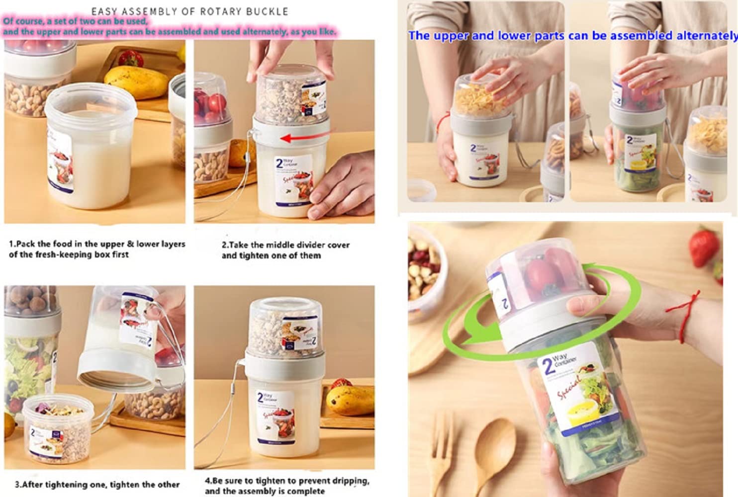 Portable Leak-Proof Breakfast Cups with Fork - Reusable Cereal & Yogurt Containers for Overnight Oats, Salad, Snacks & Dressing - Ideal for Office, Travel & On-the-Go Meals (Grey)