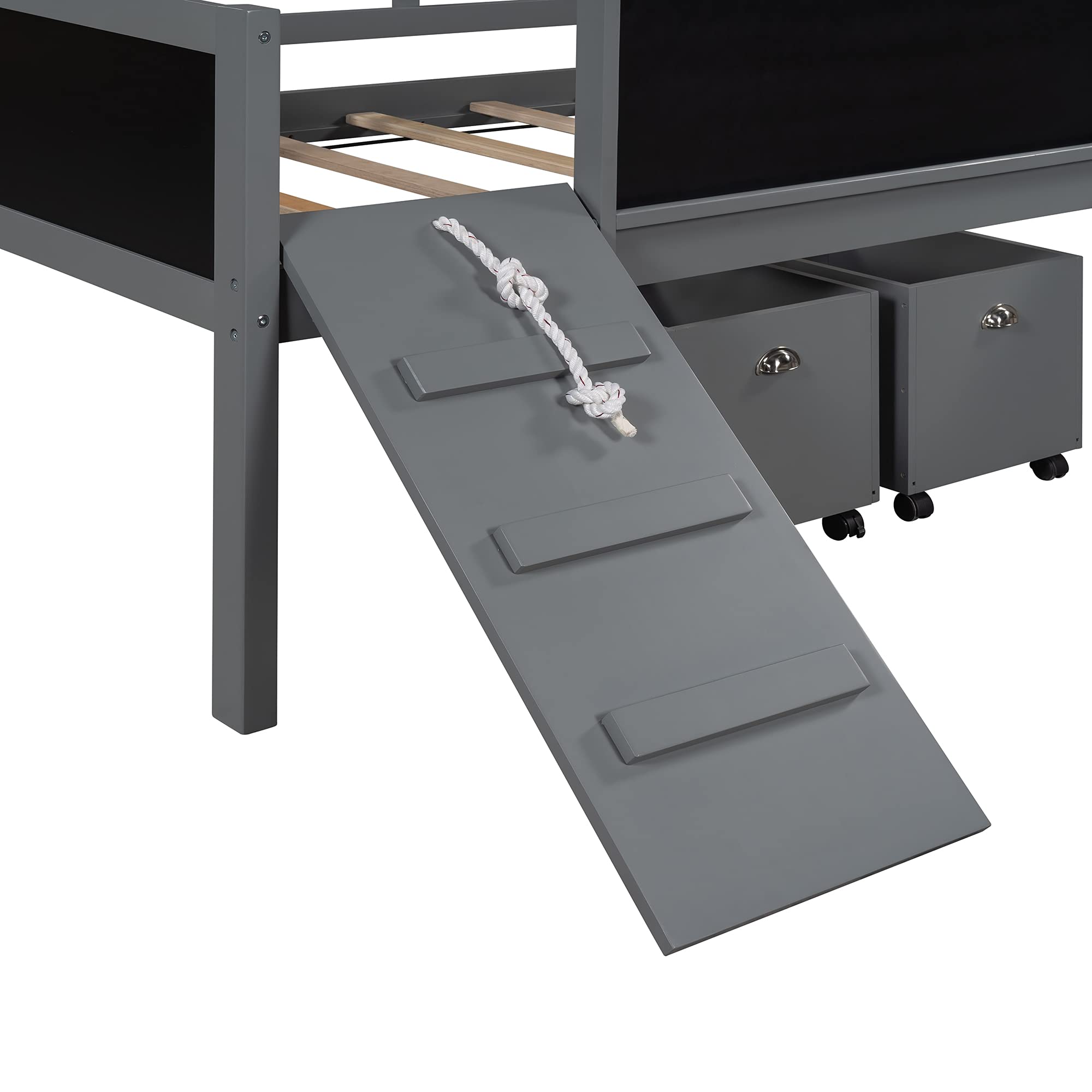Harper & Bright Designs Twin Size Low Loft Bed with Slide, Climbing Frame, Rope & 2 Storage Boxes - Gray Wooden Kids Loft Bed with Chalkboard | Perfect for Small Bedrooms, Playrooms & Dorm Rooms