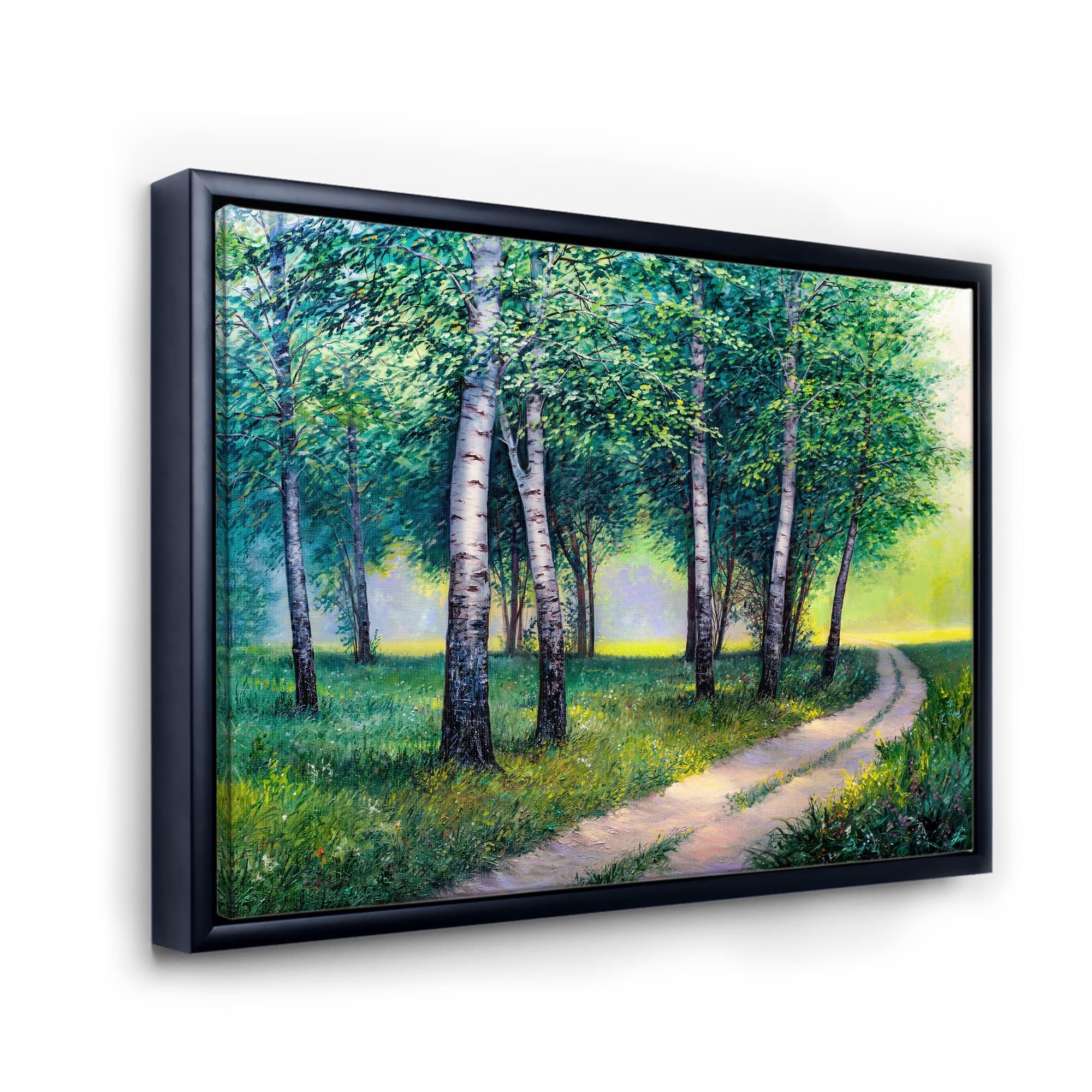 DesignQ Summer Forest Road By The Birches - Lake House Framed Canvas Wall Art Print | Nature Landscape Painting for Living Room, Bedroom & Office Decor | Perfect Gift for Home & Holiday