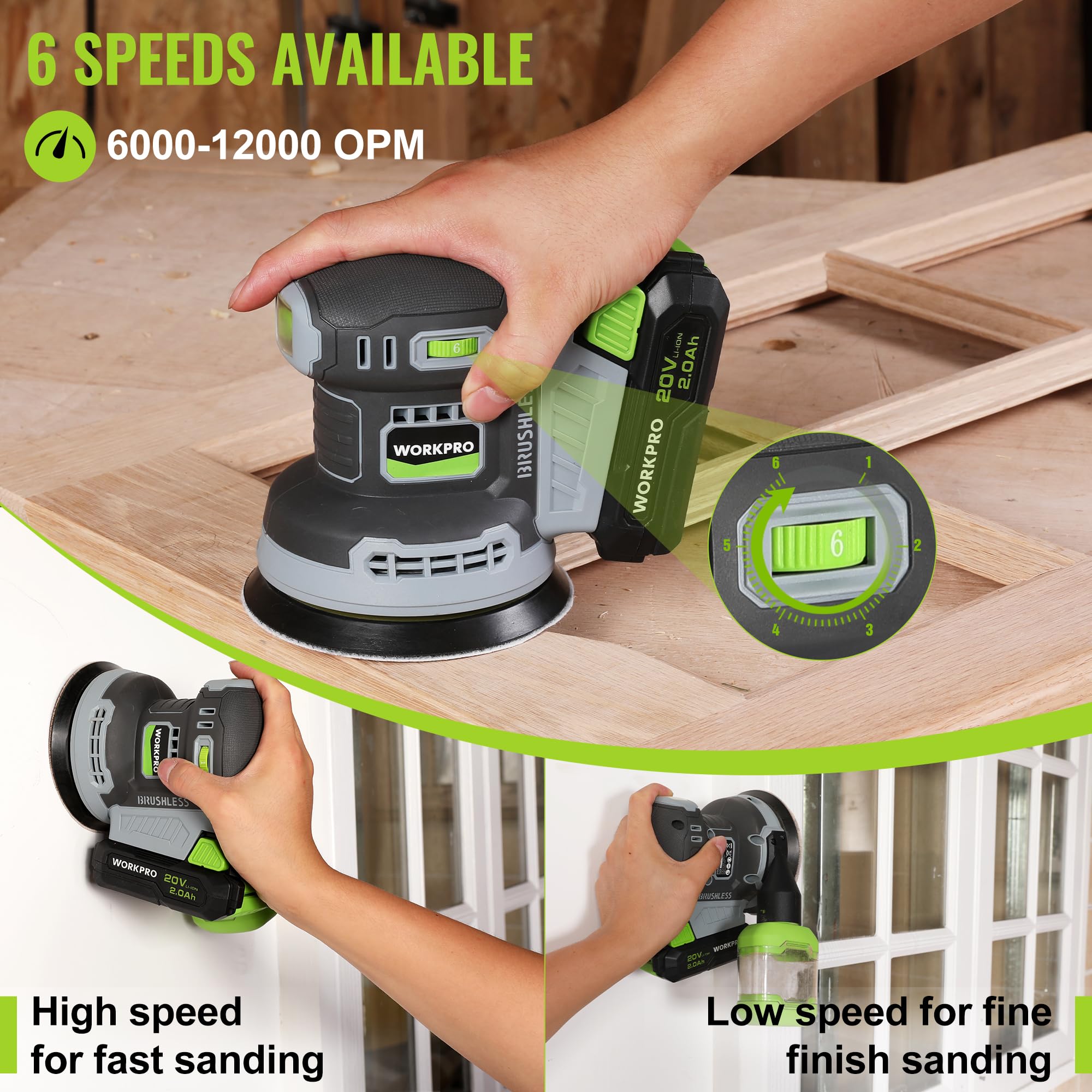 WORKPRO 20V Brushless Cordless Random Orbital Sander - 5 Inch Electric Sander with 6 Variable Speeds (6000-12000 OPM) for Woodworking, Includes Battery, Charger, Dust Collector, Tool Bag & 15 Sanding Discs - Perfect for DIY Projects, Furniture Refinishing & Home Renovation