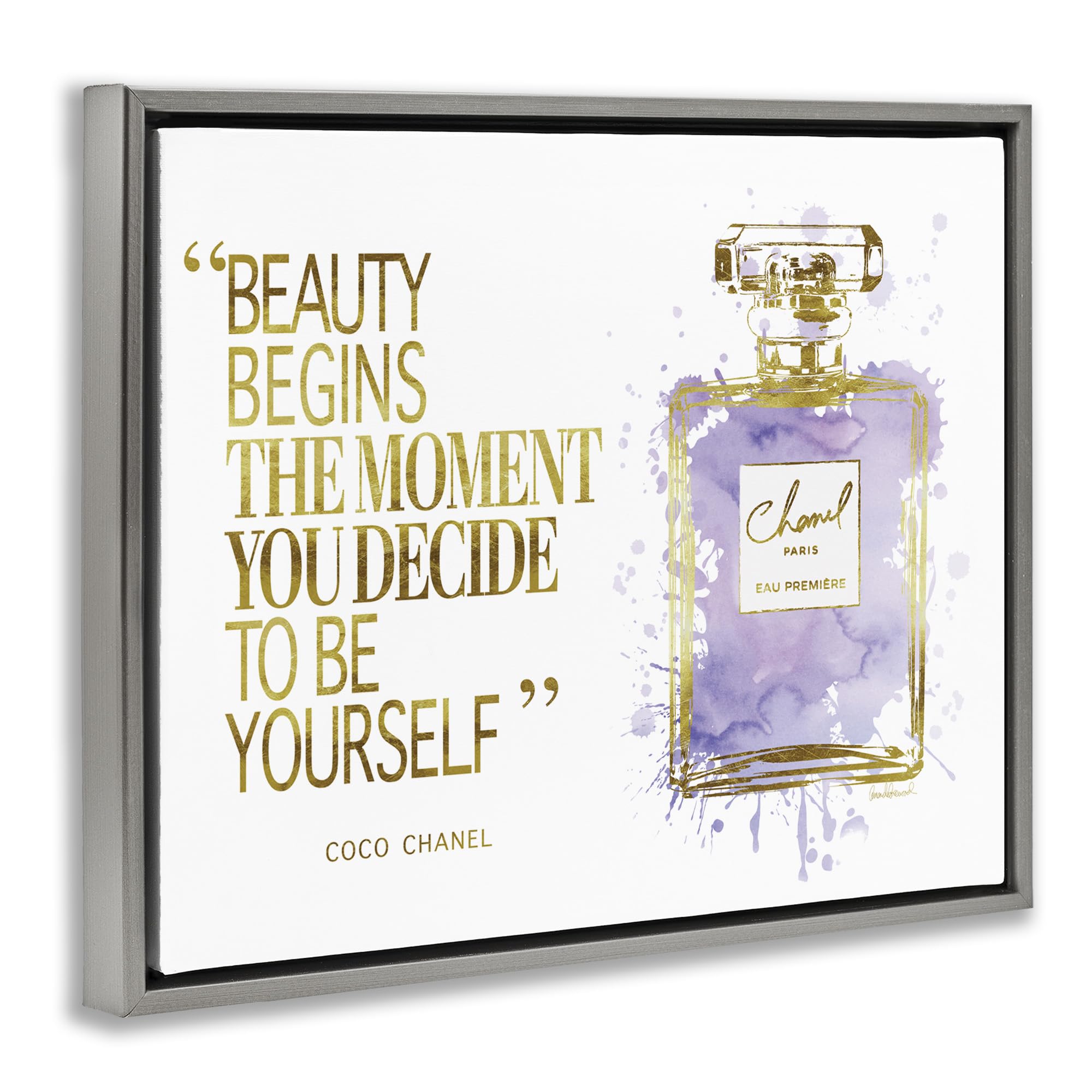 Stupell Industries Beauty Begins Designer Quote Purple Glam Perfume Bottle Wall Art - Amanda Greenwood Design - Elegant Home Decor for Bathroom, Bedroom & Vanity