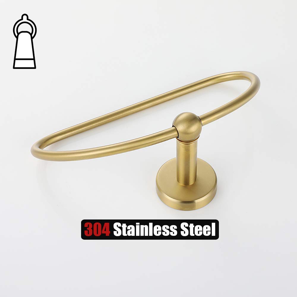 JQK Gold Stainless Steel Towel Ring - 7 Inch Brushed Golden Wall Mount Bathroom Towel Holder (TR160-BG) - Perfect for Modern Bathrooms & Powder Rooms