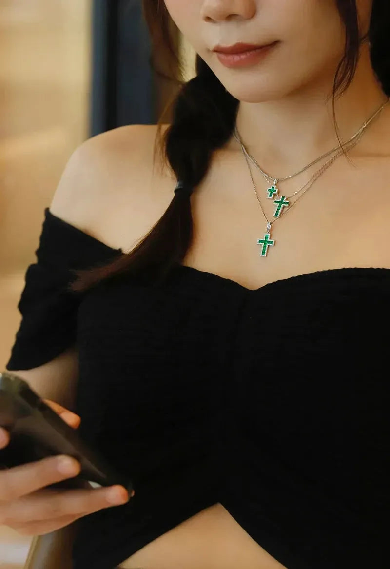 18K White Gold Cross Pendant Necklace with Real Natural Emerald & Diamonds for Women | Elegant Jewelry Gift for Birthday, Anniversary & Special Occasions
