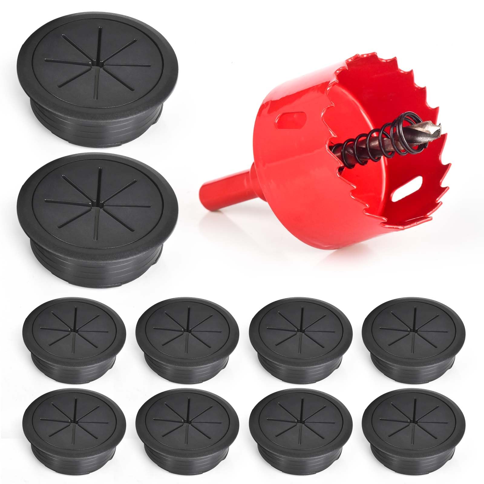 10-Pack Flexible Silicone Desk Cable Grommets (2 Inch/50mm Hole Size) with Hole Saw - Cable Management Organizer for Office Desks, Workstations & Home Offices - Hide & Route Wires Neatly