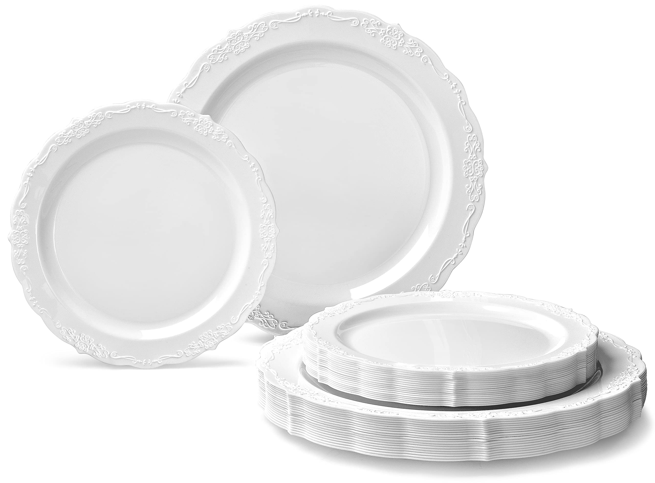 240-Pack Vintage Disposable Plastic Plates for Weddings & Parties - 120 x 10'' Dinner Plates + 120 x 7.5'' Salad/Dessert Plates (Verona Plain White) - Perfect for Large Gatherings, Buffets & Catering Events