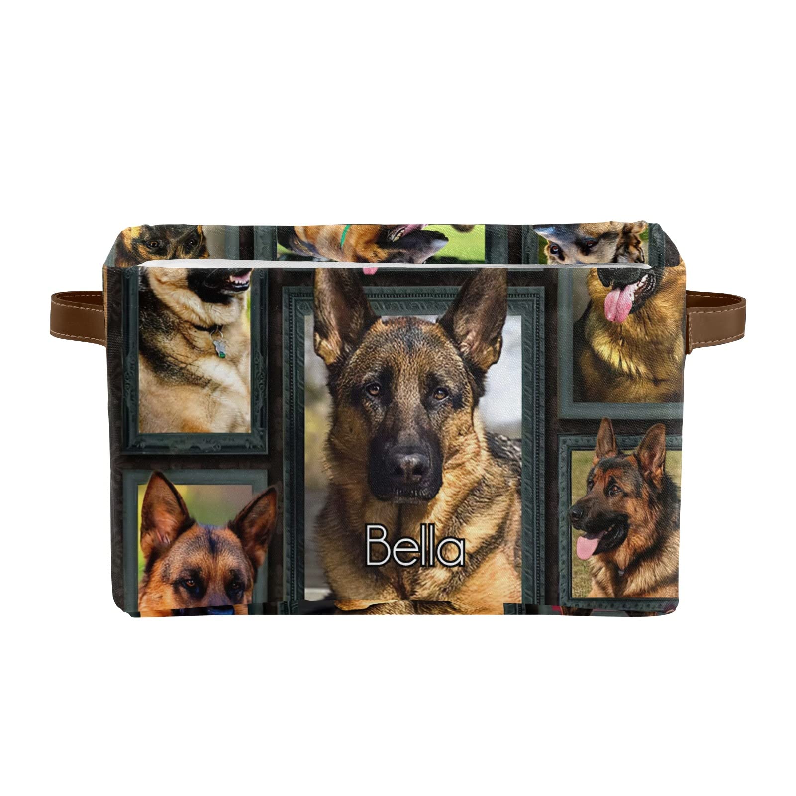 Personalized Shepherd Print Canvas Storage Bins with Custom Name Text & Leather Handles - 2 Pack for Office, Bathroom, Nursery, Closet & Shelf Organization | Home Decor & Storage Solution