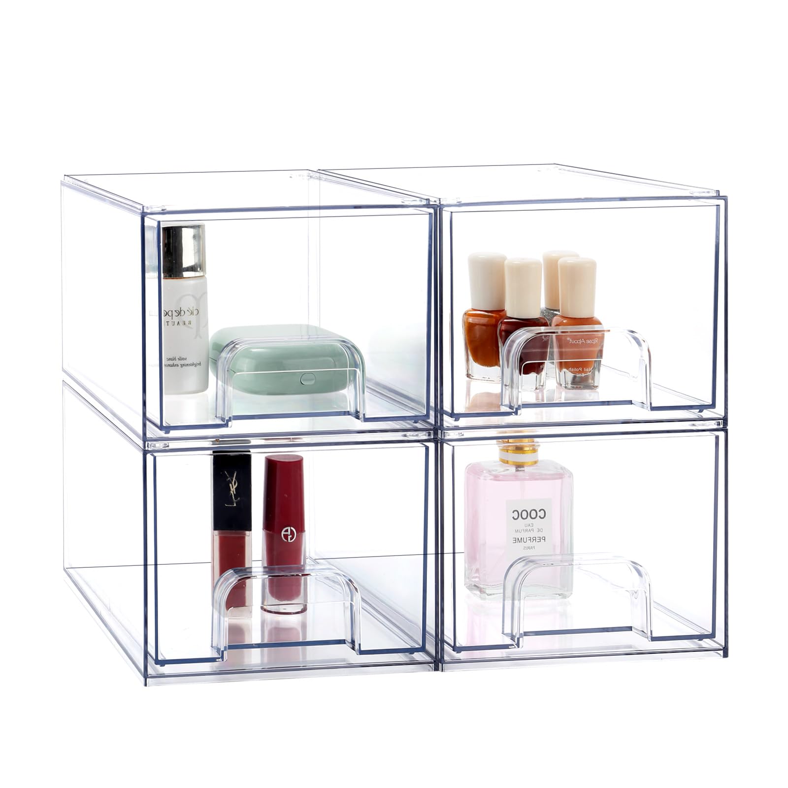 4-Pack Stackable Acrylic Organizer Drawers for Makeup & Skincare - Vanity, Bathroom, Kitchen Storage