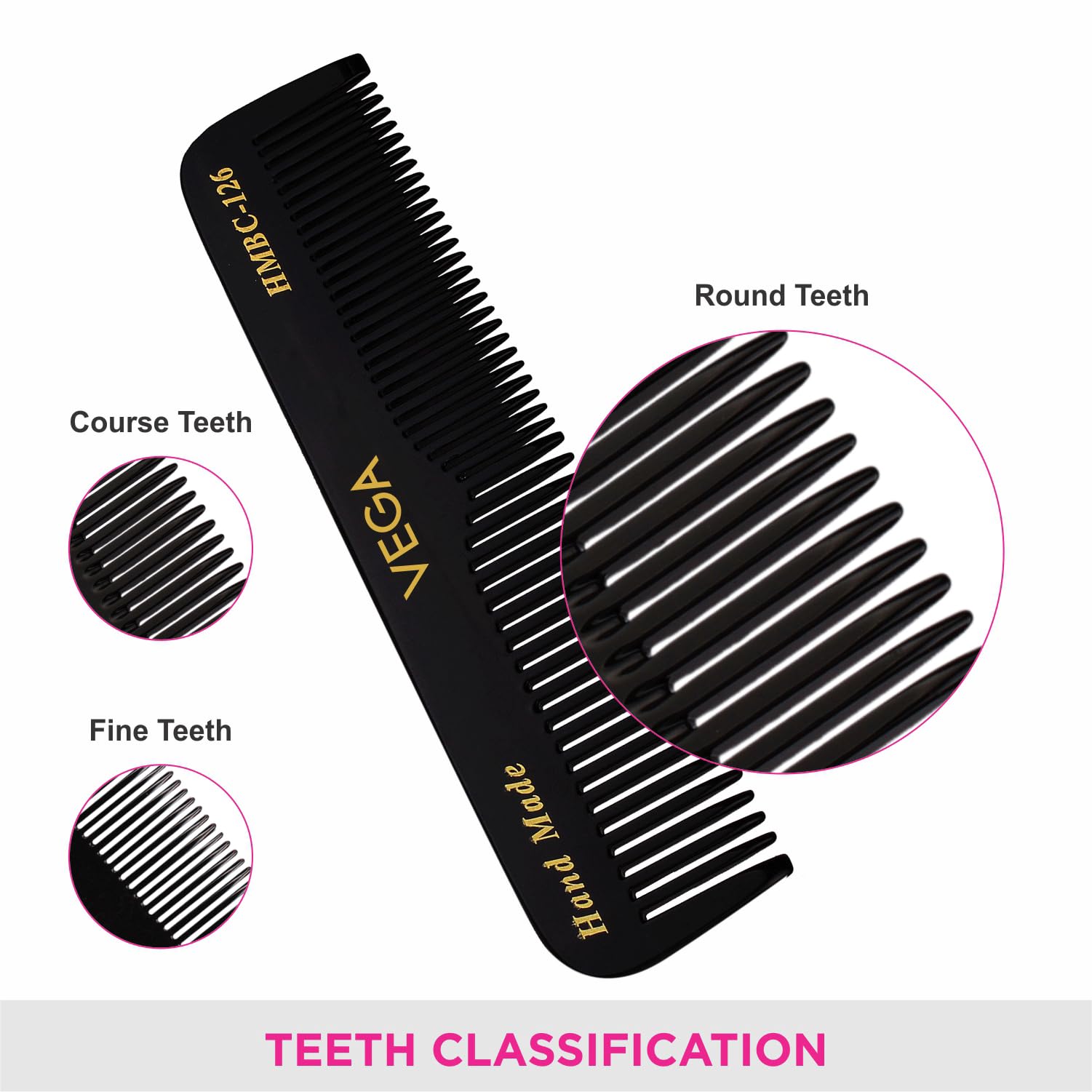 Vega Pocket Hair Comb for Men & Women - Handmade Black Travel Comb (HMBC-126) | India's No.1 Hair Comb Brand | Perfect for On-the-Go Styling, Travel & Everyday Use