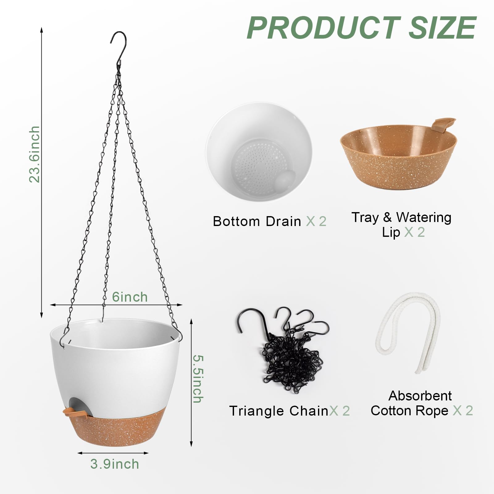 2 Pack Self Watering Hanging Planters for Indoor Outdoor Plants - 6 Inch Hanging Flower Pots with Drainage Holes & Removable Tray - Perfect for Garden, Balcony, Patio, and Home Decor (White)