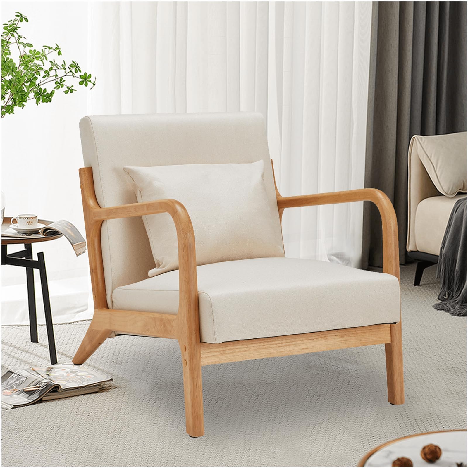 Esright Mid Century Modern Accent Chair - Solid Wood Frame, Upholstered Small Side Chair for Living Room & Bedroom - Comfortable Lounge Reading Armchair in Beige | Perfect for Small Spaces, Home Office & Cozy Corners