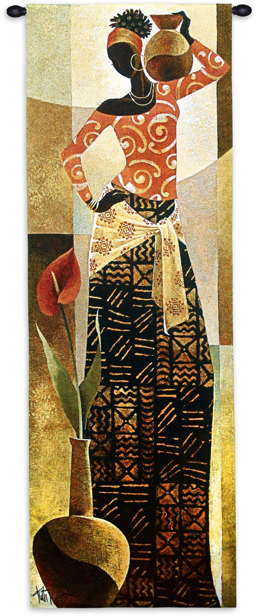 Keith Mallett Bahiya Woven Tapestry Wall Hanging - African Style Statuesque Woman with Pots - 100% Cotton Home Decor (73x26 inches) - Perfect for Living Room, Bedroom or Boho Chic Interior Design