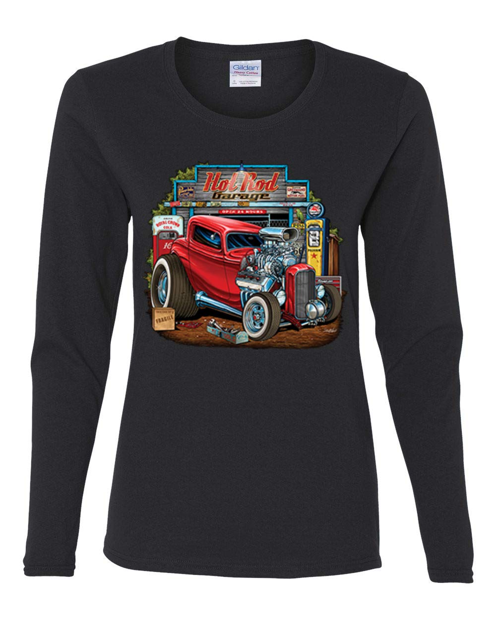 Vintage Hot Rod Old Garage Cars and Trucks Women's Graphic Long Sleeve T-Shirt - Retro Automotive Style for Casual Wear, Car Enthusiast Outfits & Themed Events