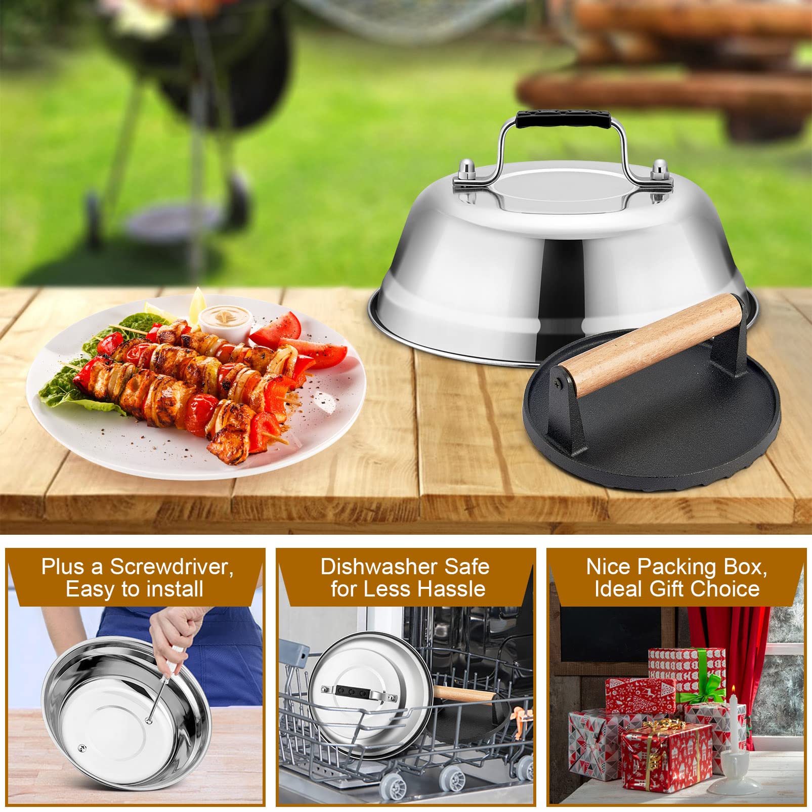Joyfair 9-Inch Cheese Melting Dome & Burger Press Kit - Cast Iron Grill Press for BBQ, Flat Top Griddle, Teppanyaki - Heavy Duty & Dishwasher Safe - Perfect for Outdoor Cooking, Backyard Grilling & Restaurant Use