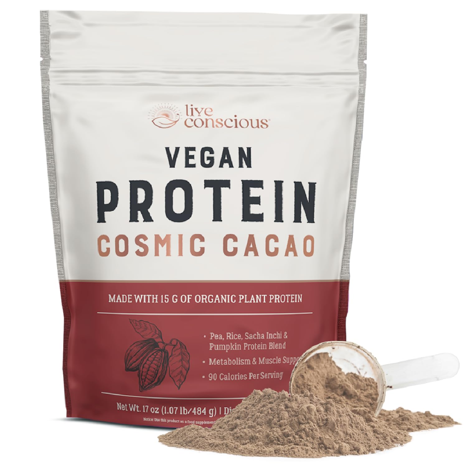 Live Conscious Cosmic Cacao - Organic Vegan Chocolate Protein Powder with Pea, Brown Rice, Pumpkin & Sacha Inchi - Plant-Based Protein Blend - 17oz (20 Servings) - Perfect for Smoothies, Baking & Post-Workout Recovery