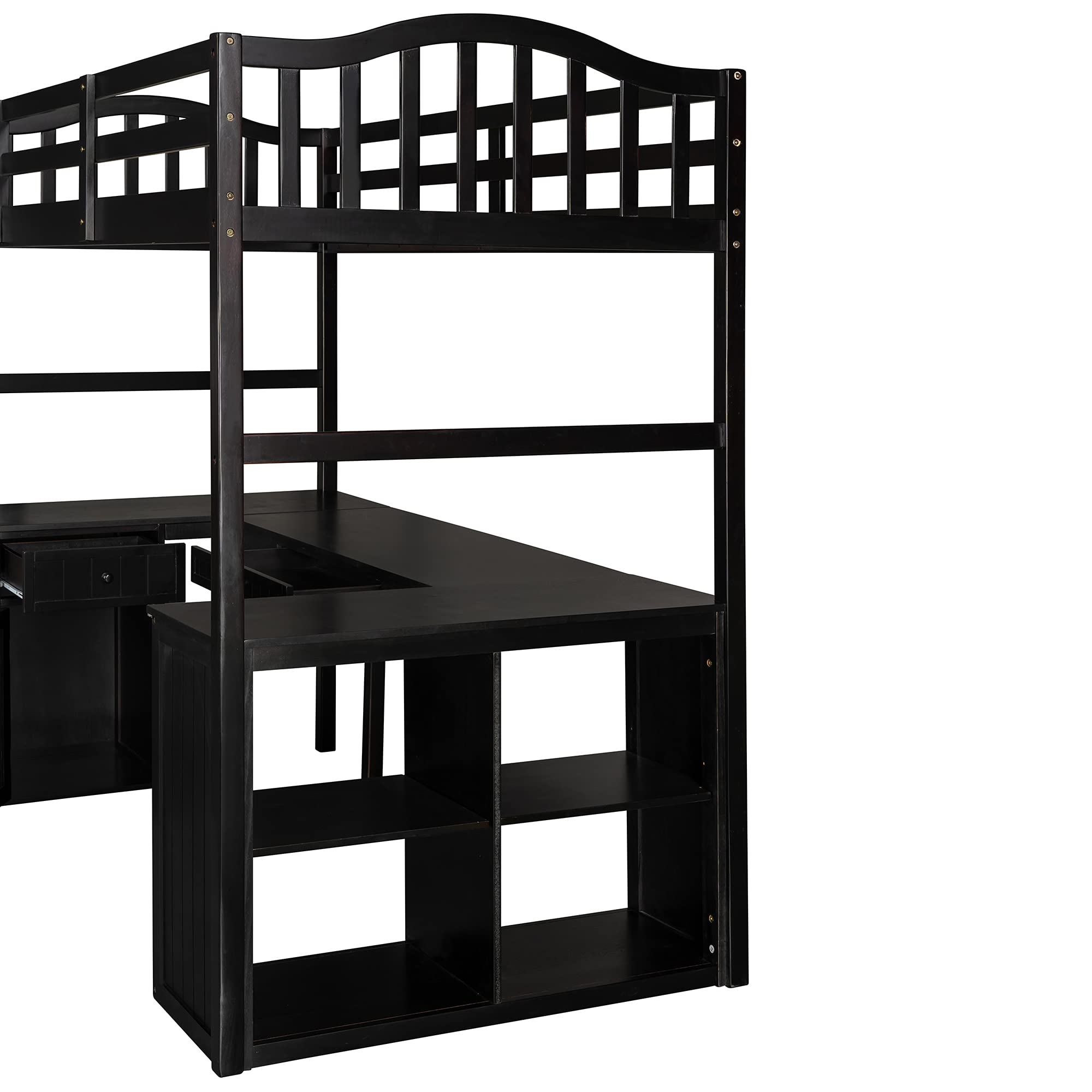**Twin Size Wood Loft Bed for Kids with Desk, Drawers, Cabinet & Shelves - Space-Saving Multi-Functional Loft Bed Frame - No Box Spring Needed (Espresso) - Perfect for Small Bedrooms, Dorms & Kids' Rooms**