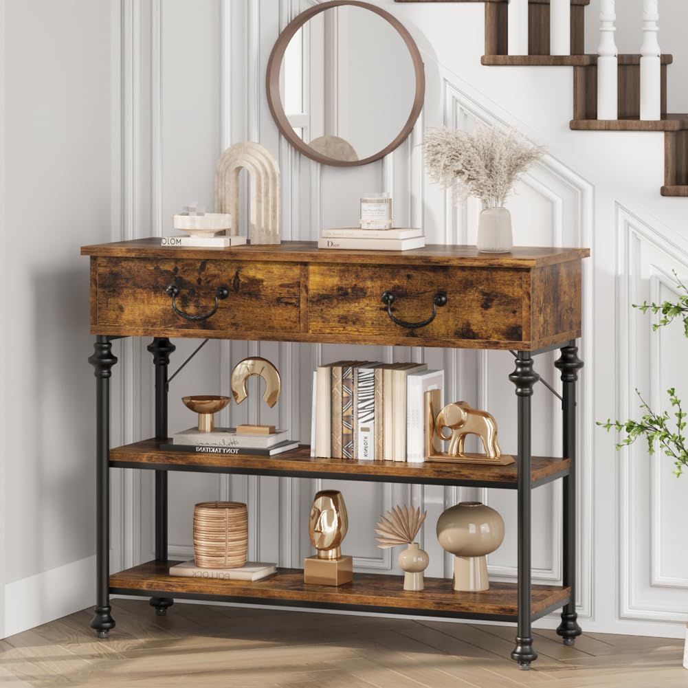 IDEALHOUSE Rustic Brown Console Table with 2 Drawers & Storage Shelves - Narrow Entryway Table for Living Room, Hallway, Sofa | Perfect for Small Spaces, Home Decor & Organizing Keys, Mail
