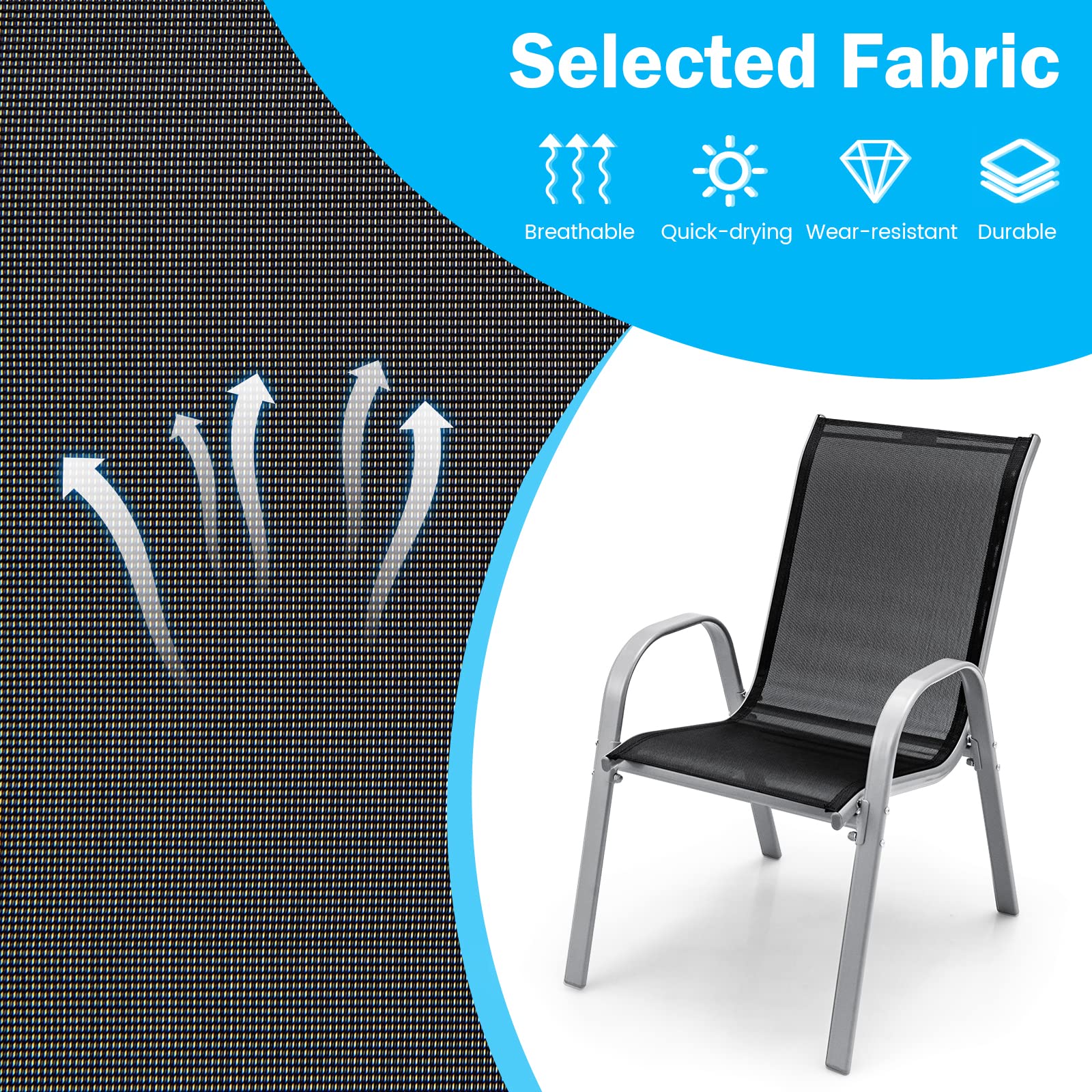 Tangkula 4-Piece Stackable Outdoor Dining Chairs Set - Heavy Duty Steel Frame Patio Armchairs for Backyard, Lawn & Poolside - Weather Resistant Gray Outdoor Furniture (Perfect for BBQs, Garden Parties & Pool Relaxation)