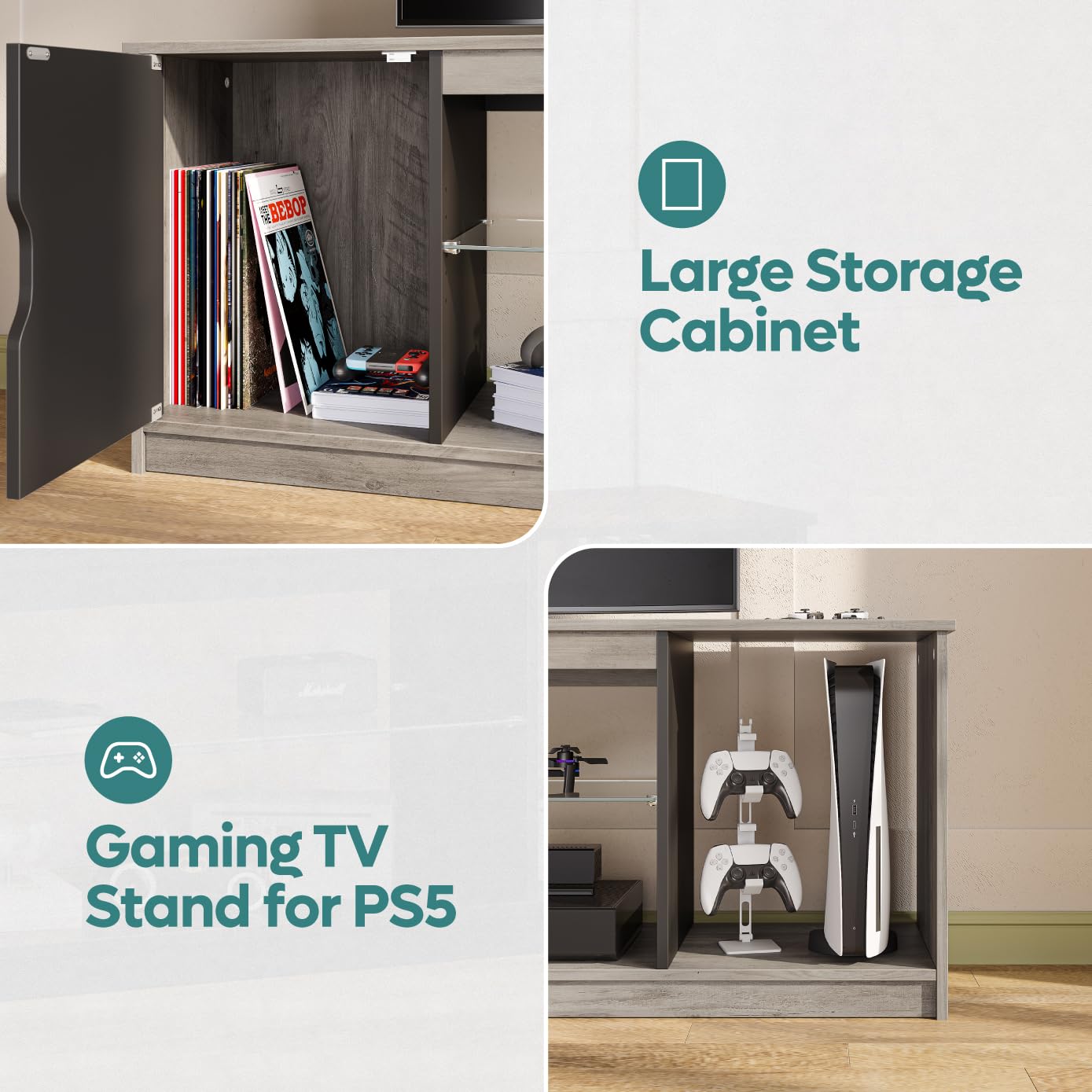 Bestier 57 Inch LED TV Stand for 55/60/65 Inch TVs - Modern Entertainment Center with Storage Cabinet for PS5, Xbox & Media Devices - Adjustable Glass Shelves - Grey Wash Finish - Perfect for Living Room & Bedroom Gaming Setup