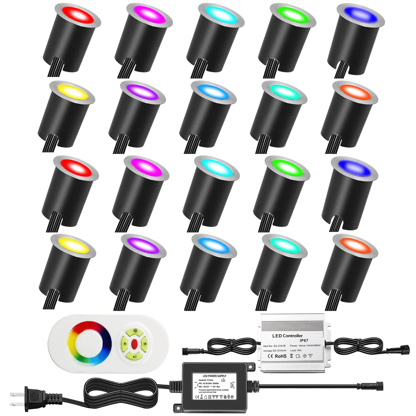 **20pcs RGB LED Recessed Deck Light Kits - IP67 Waterproof Outdoor Landscape Lighting, 12V Low Voltage for Garden, Yard Steps, Stairs, Patio & Floor - Perfect for Kitchen, Pathway & Poolside Decoration**
