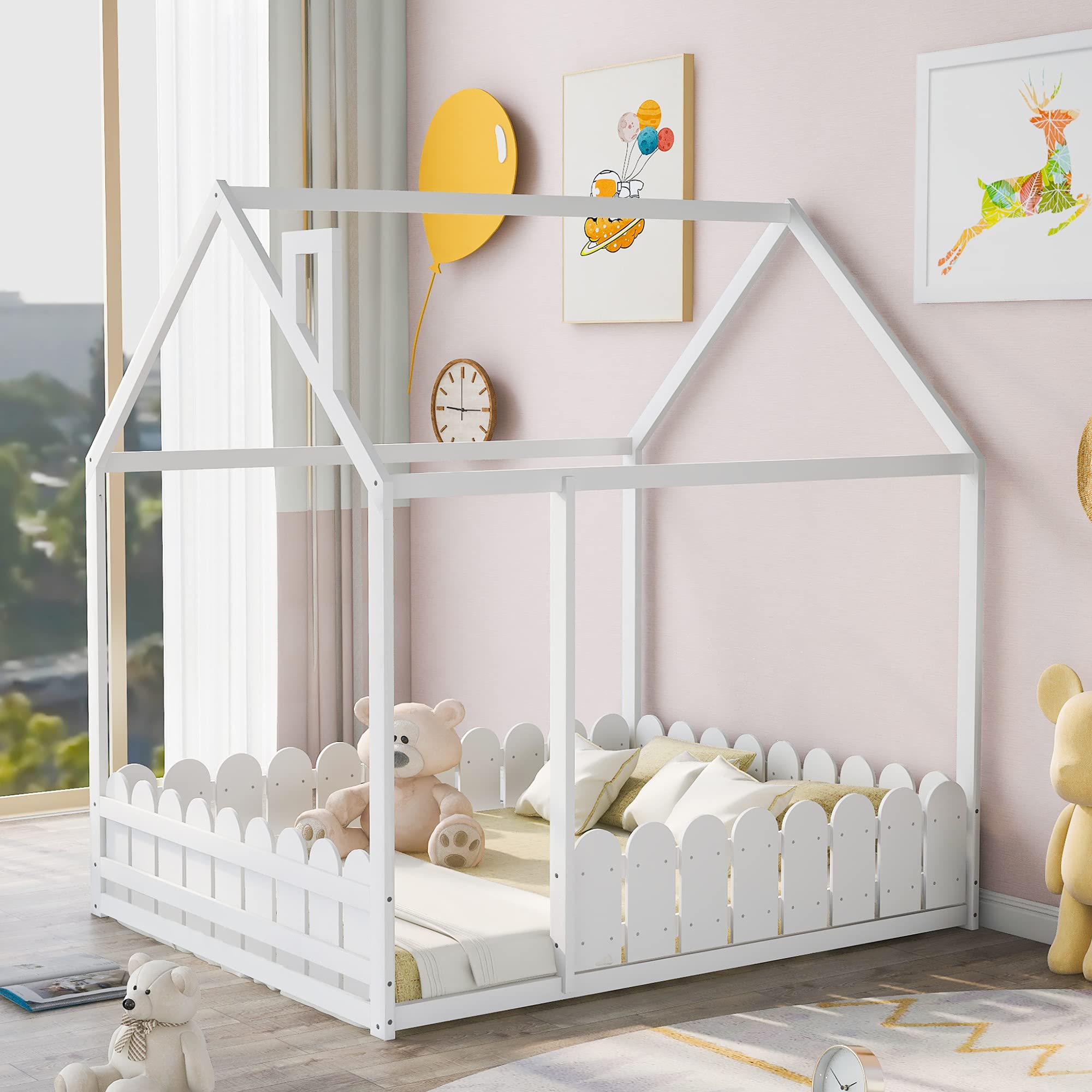 **Full Size House Bed for Kids - Wooden Bed Frame with Roof & Fence - Cabin Style Floor Bed for Toddlers, Teens, Boys & Girls - Easy Assembly Nursery Furniture (White) - Perfect for Bedrooms, Playrooms & Montessori Spaces**