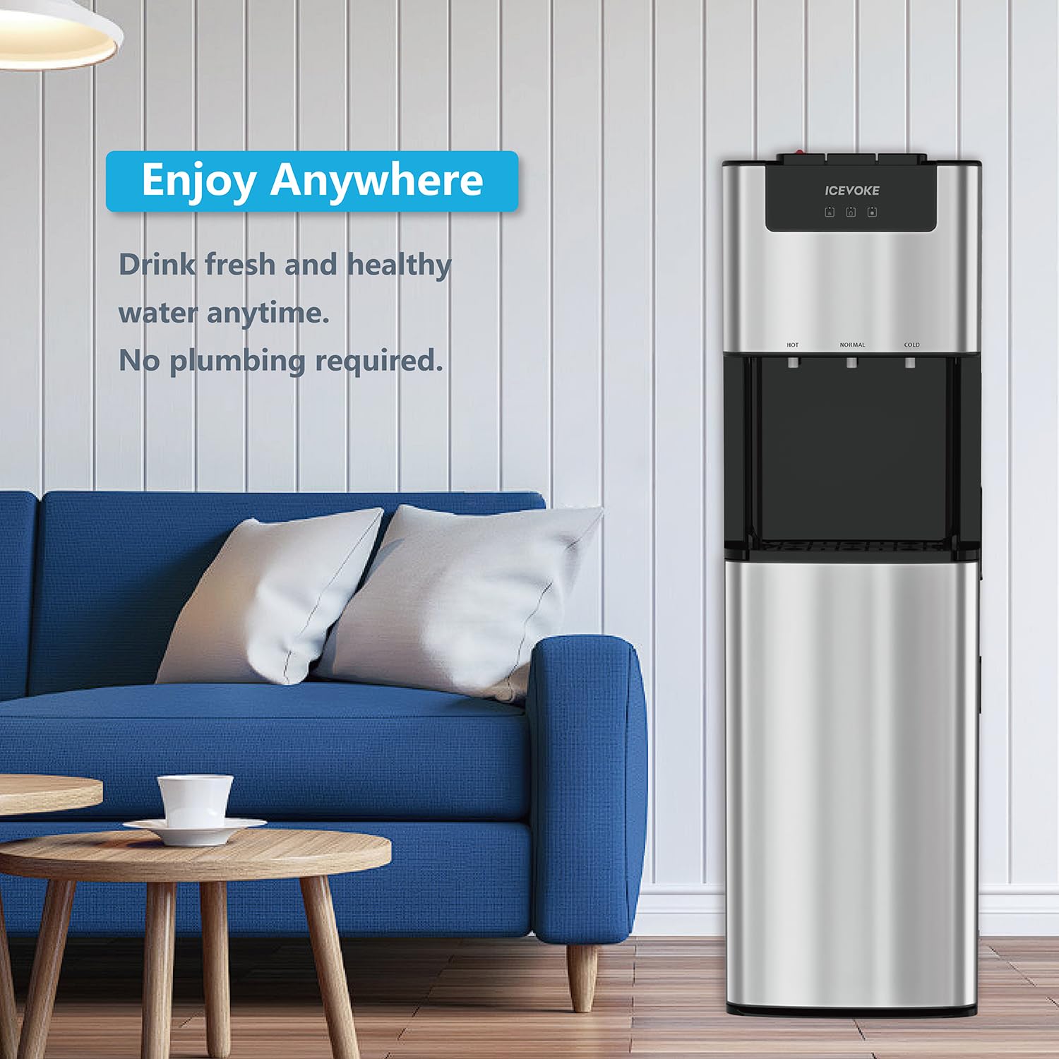 ICEVOKE Bottom Loading Water Cooler Dispenser for 3/5 Gallon Bottles - Hot, Room & Cold Water with Child Safety Lock, UV Self-Cleaning, LED Display, Stainless Steel - Perfect for Home, Office, and Gym Hydration
